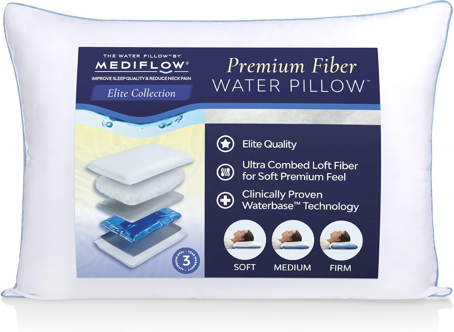 Mediflow Elite Collection Water Pillow - Orthopedic Neck Pain Relief, Adjustable for Sleeping (Single, White)