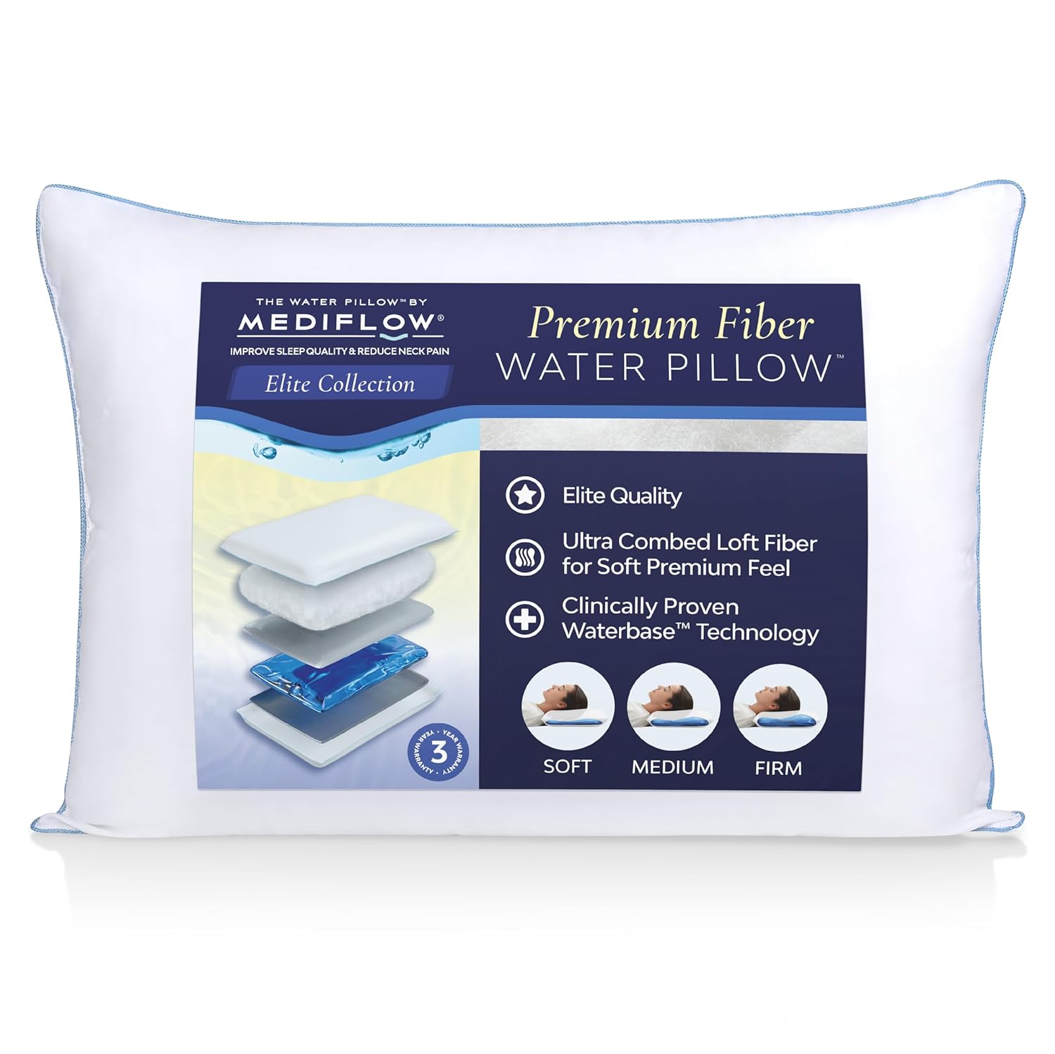 Mediflow Elite Collection Water Pillow - Orthopedic Neck Pain Relief Adjustable for Sleeping Single White