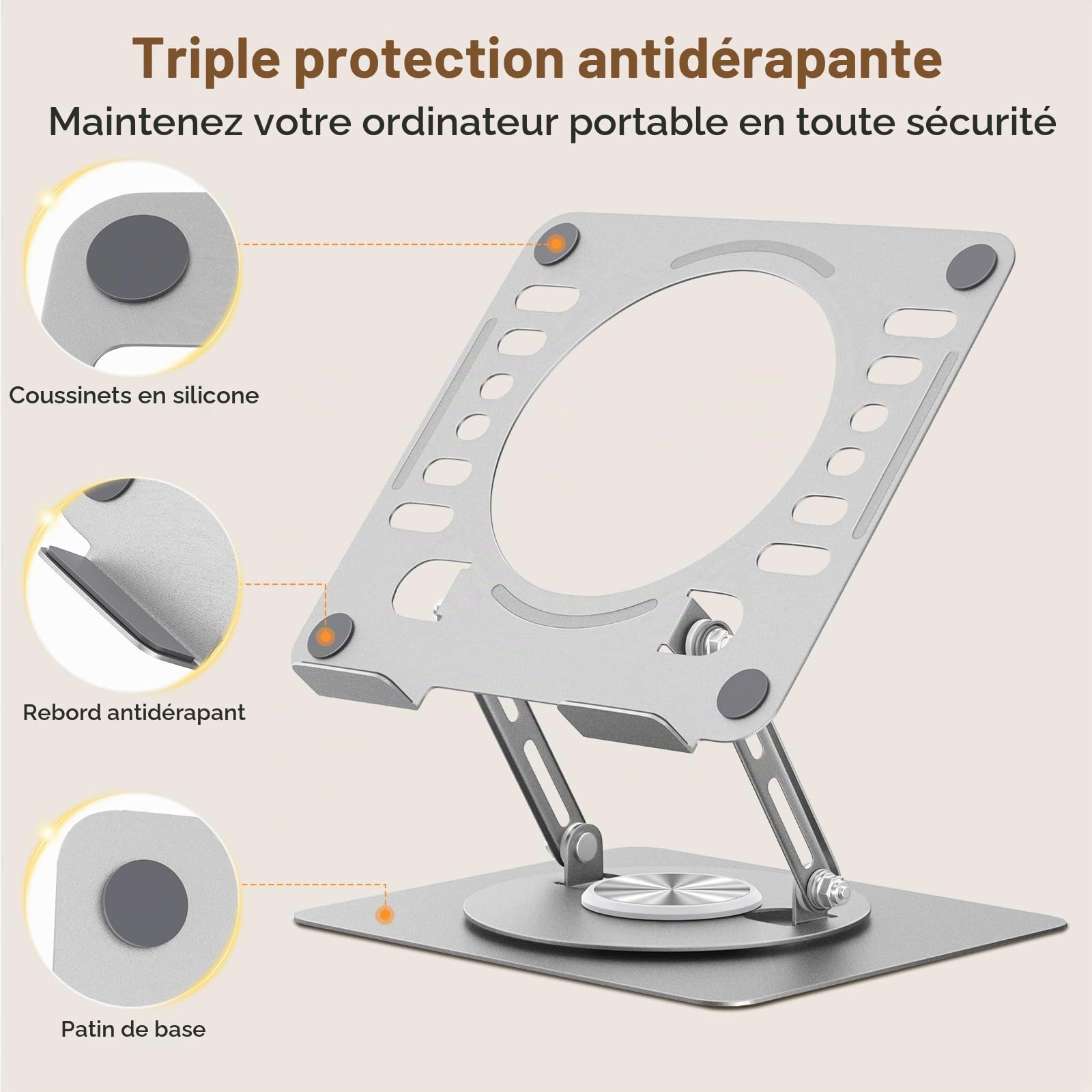 Euqvunn Support Ordinateur Portable, Pliable Support PC avec Base Rotative à 360°, Rehausseur Ordinateur Portable, Réglable en Hauteur et en Angle, Compatible avec MacBook Pro/Air, 11–16"(Argent)