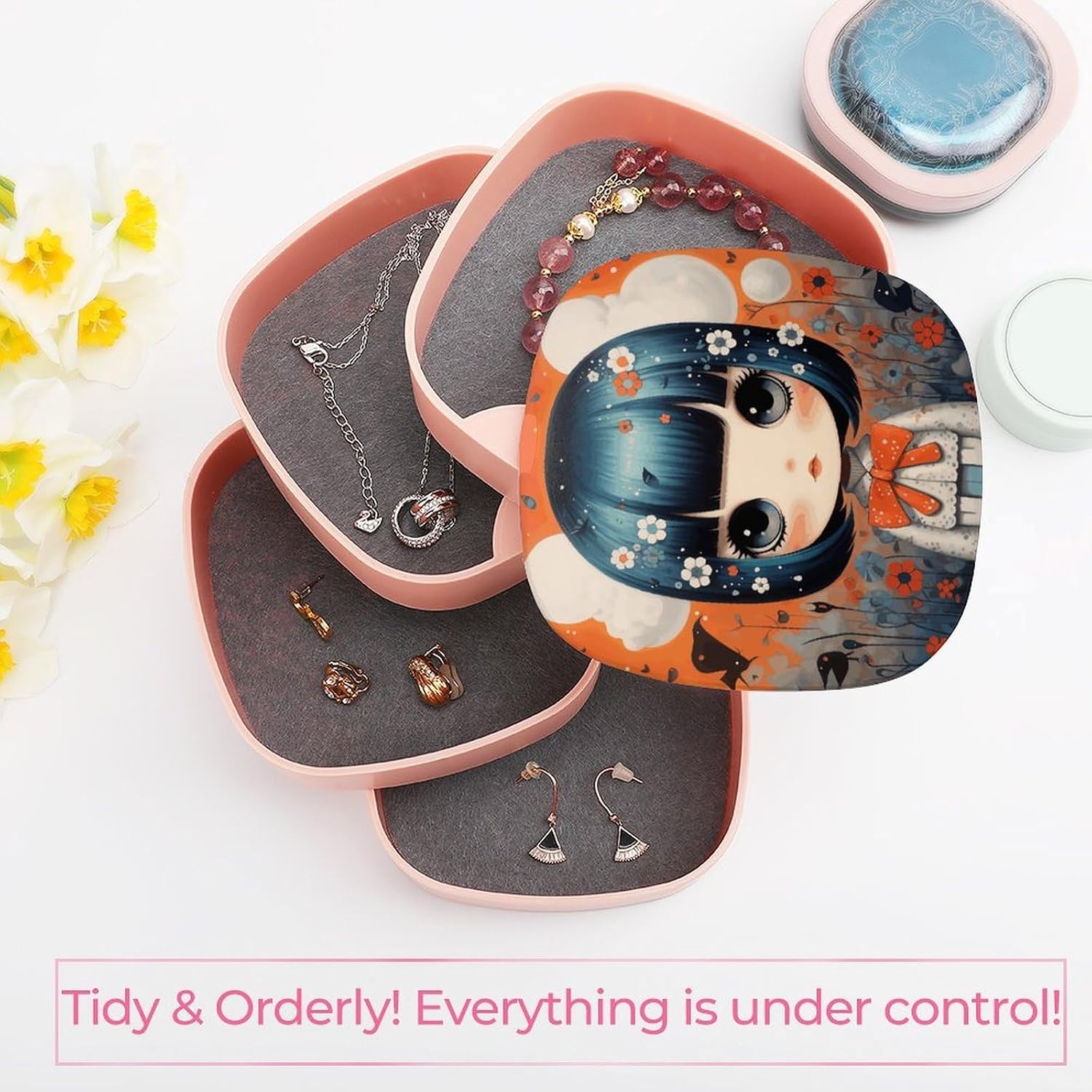 Anime Girl Pictures Jewelry Box 4-Layer Covered Rotating Jewelry Storage Box Large Capacity Storage Boxes Portable Jewelry Case for Bracelets Earrings Necklace image 5