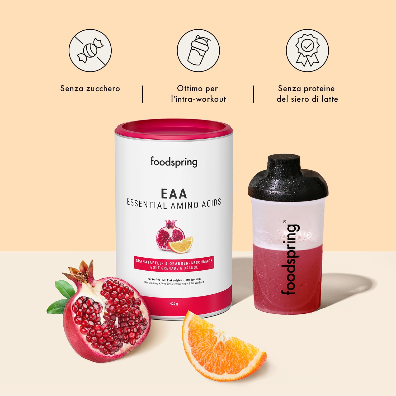 foodspring EAA Powder con elettroliti per crescita & mantenimento muscolare - Polvere EAA con aminoacidi essenziali - Privo di zuccheri (420g | 30 p. | 1 misurino = 14g | Melograno e Arancia)