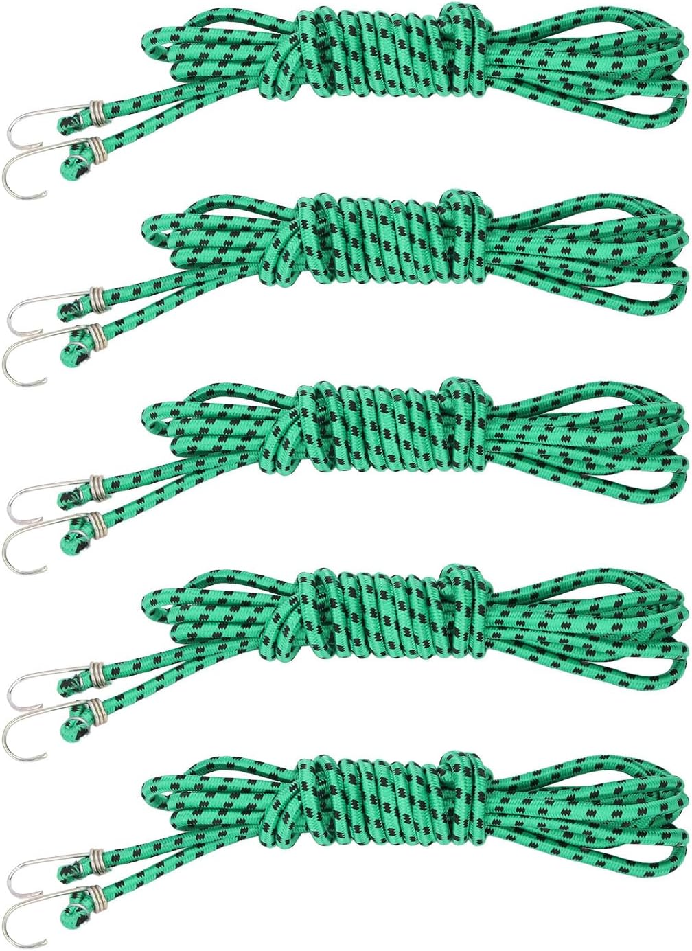 5 Pcs Bungee Cord 20ft, Green Thickened Rubber Elastic Rope with Heavy Duty Hooks, Secure Fastening for Tarps Luggage Furniture, Coated Bungee Strap for Outdoor Indoor