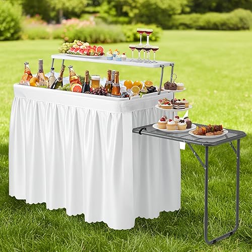 Miniatura 22 de VINGLI Mesa plegable para fiestas de 4 pies, portátil, para campamento y pesca, plástico con falda a juego, mesa de hielo para fiestas, barbacoas