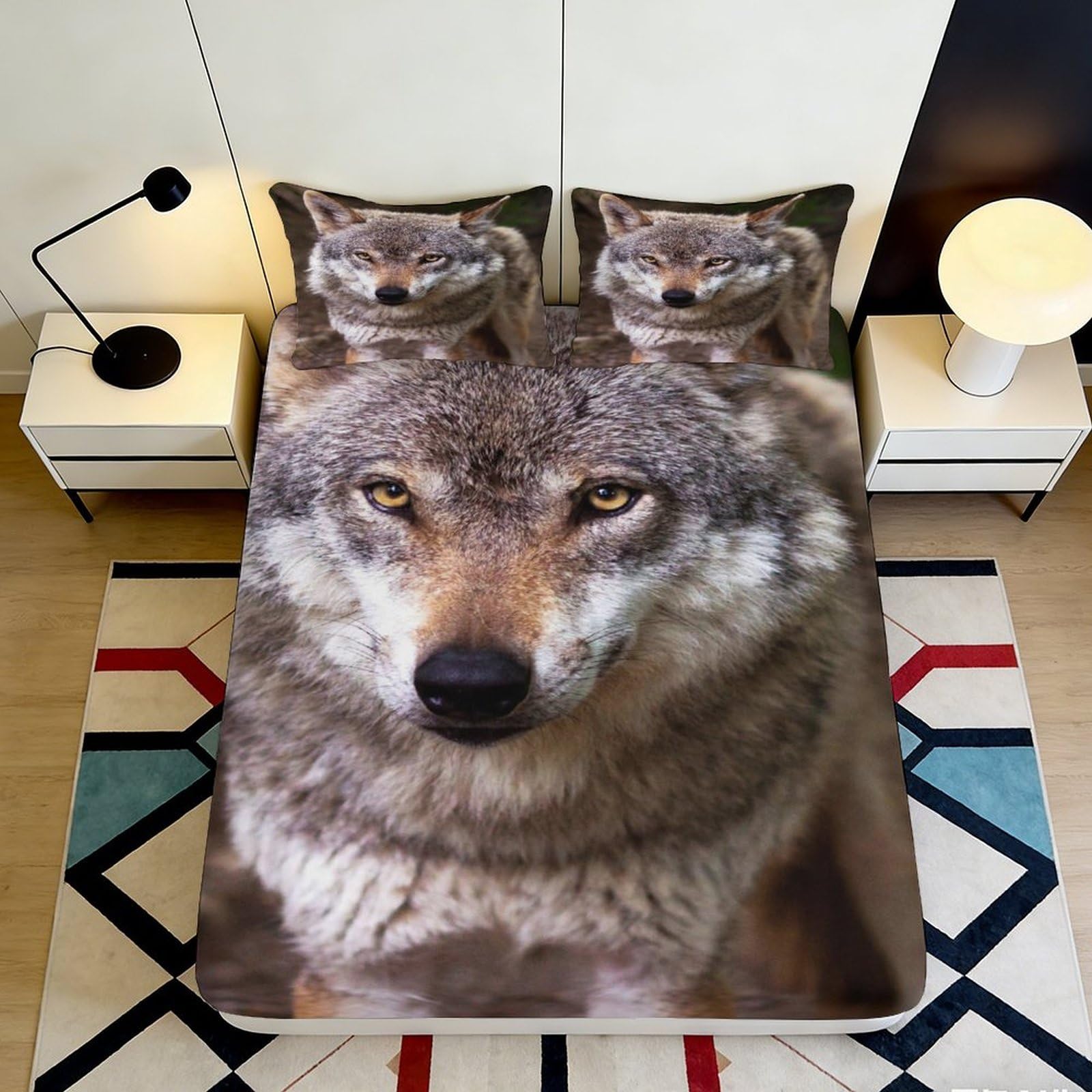3D Printed Wolf Face Fitted Sheet Microfiber Soft Breathable Forest Wolf Mattress Cover Bedroom Dorm Decor Protection 90x200x25cm