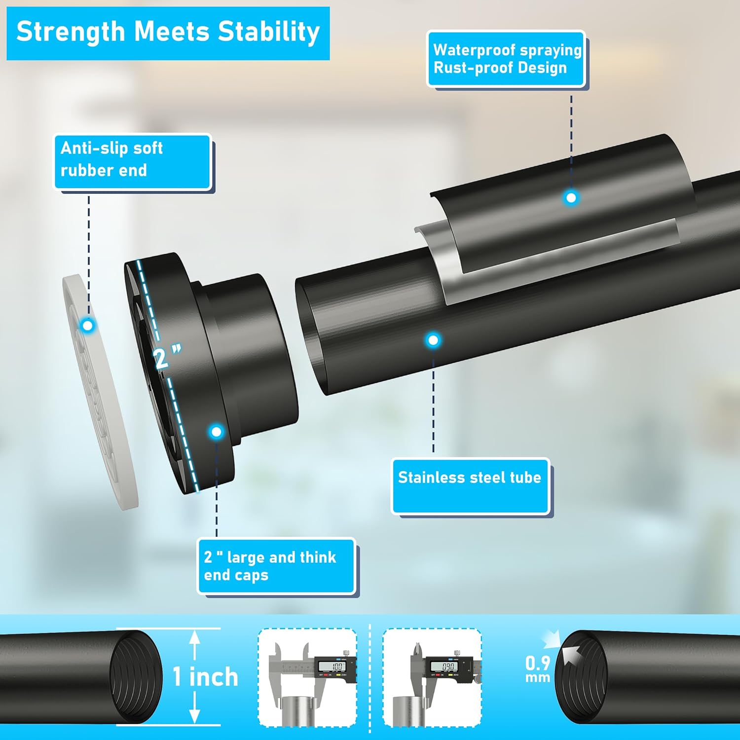 DYHOME Shower Curtain Rod, 1" Dia Heavy Duty Tension Shower Rod, 32-75 inch Adjustable Spring Tension Shower Curtain Rods for Bathroom, Shower Stall, Non Slip, No Rust, No Drill, Black
