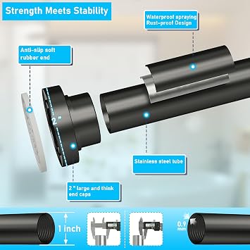 DYHOME Shower Curtain Rod, 1 Dia Heavy Duty Tension Shower Rod, 32-75 inch Adjustable Spring Tension Shower Curtain Rods for Bathroom, Shower Stall, Non Slip, No Rust, No Drill, Black