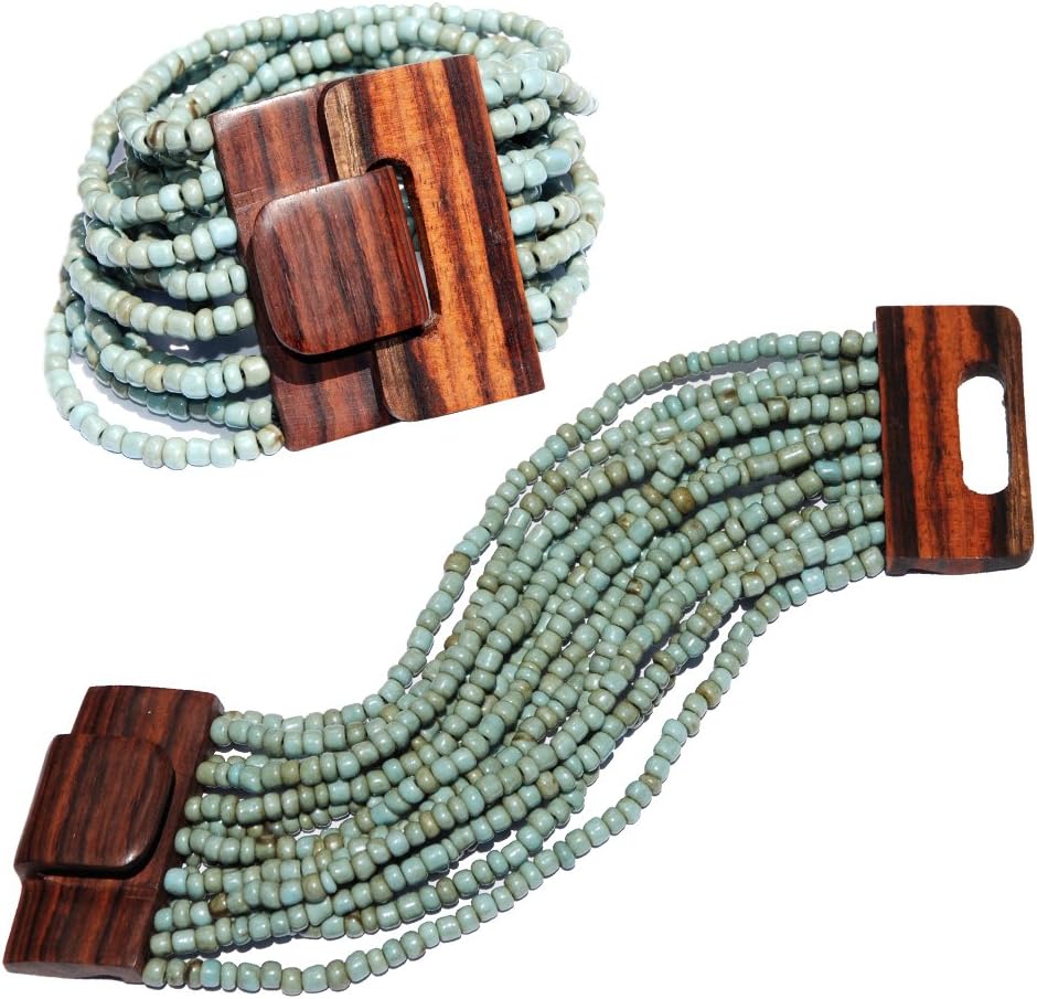 IndomodeRustic Turquoise Color Ethnic Beaded Bali Bracelet with Dense Hardwood Buckle Clasp 14 Elastic Strands 2mm Glass Beads in Gift Box