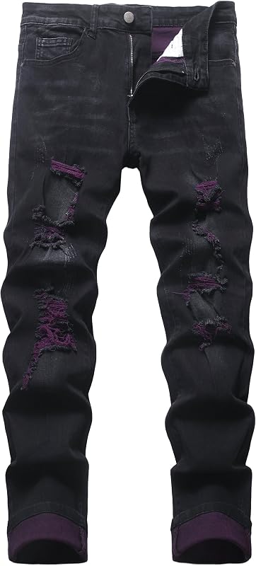 Calça jeans masculina preta slim com pernas retas e detalhes destroyed
