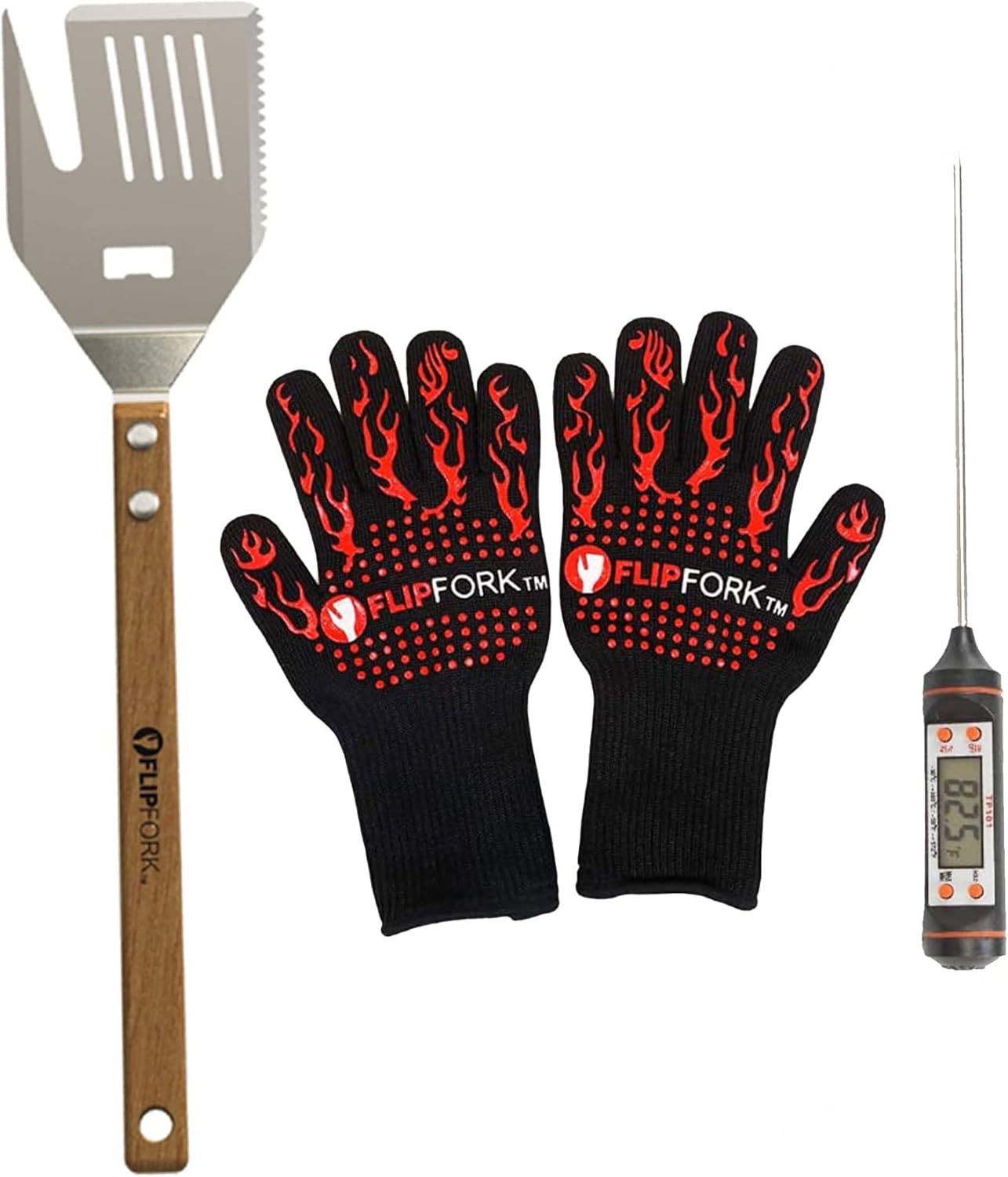 Flipfork- BBQ Tool Set with BBQ Gloves and Thermometer