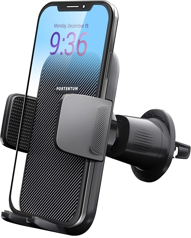 PORTENTUM Support Telephone Voiture, Crochet Stable & Prise Ferme, 360° Rotation Porte Téléphone à Grille d'Aération, Un Bouton de Libération, Accroche Smartphones 4” à 7”