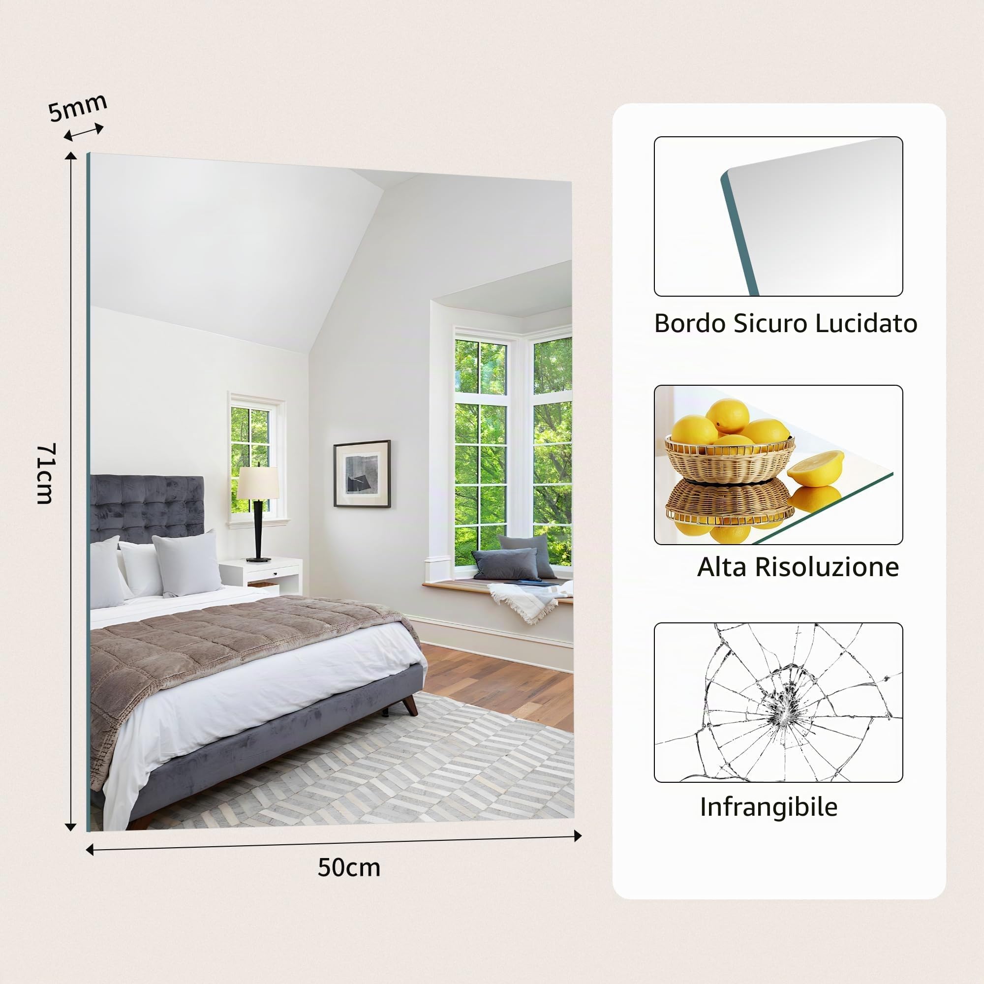 COFENY Specchio Senza Cornice, 70 x 50 cm Specchio da Parete Rettangolare con Bordi Lucidi, Specchi in Vetro HD, Specchio da Bagno Infrangibile per Bagno, Camera da Letto e Soggiorno