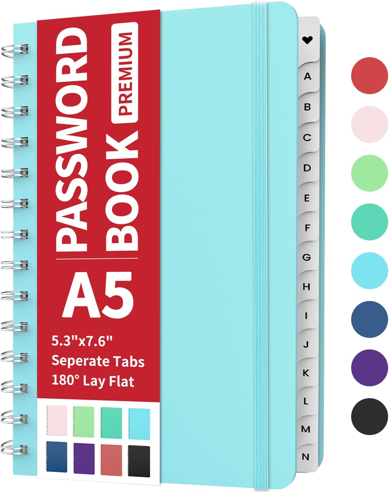 Forvencer Password Book with Individual Alphabetical Tabs, Medium Size Password Notebook, Spiral Password Keeper Book for Senior, Cute Password Organizer Logbook for Home Office, 5.3"x7.6", Sky Blue