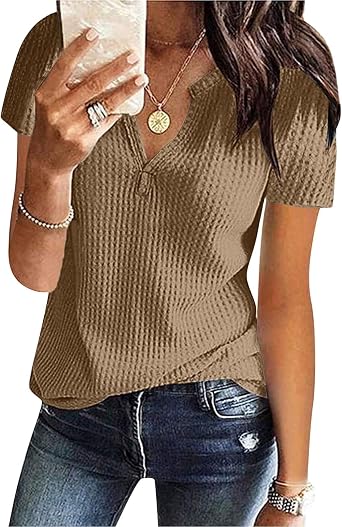 Womens V Neck Waffle Knit Shirts Casual Short Sleeve Loose Fit T Shirts Summer Tunic Tops Trendy Basic Tee