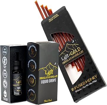 Lajit Gold Himalayan Shilajit Bundle Gold Grade Liquid Drops + Honey Sticks Sourced by Sherpas at 18k Ft Organic, Lab Tested, Pure & Potent Shilajit for Men and Women