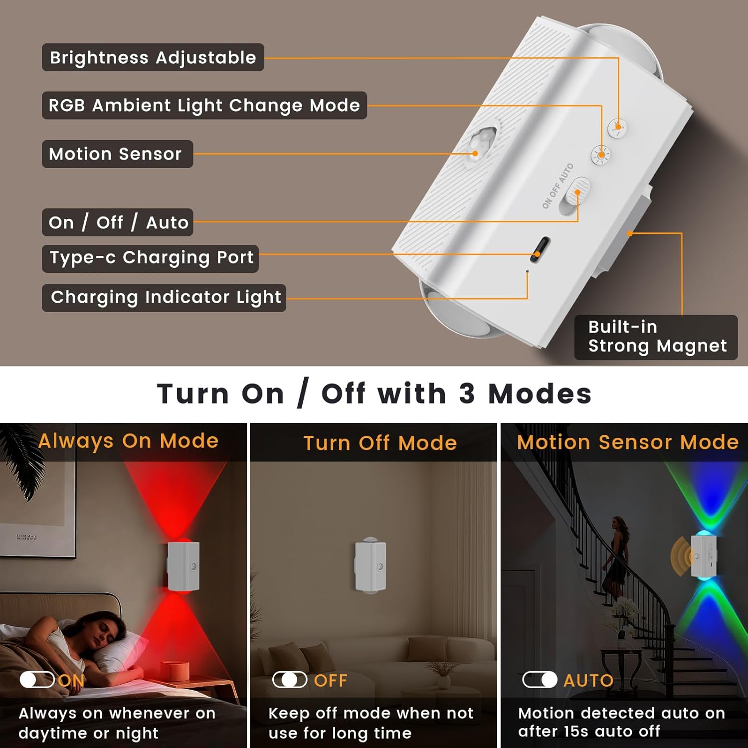 easuntec Motion Sensor Rechargeable Night Light Color Changing, 8 Colors Sunset Projector Lamp, Magnetic Stick-on Wireless Sunset Lamp for Room Decor,USB-C Dimming & No Drill Installation（RGB,2 Pack）