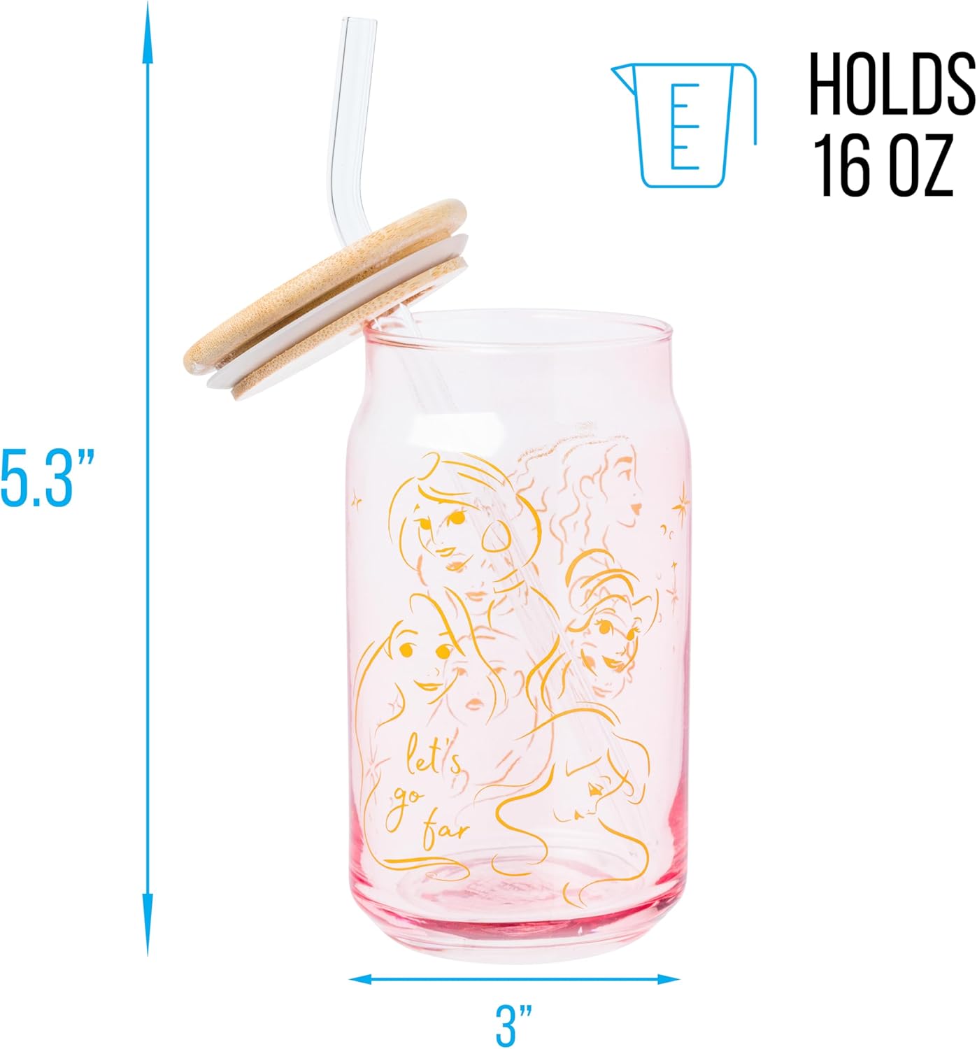 Silver Buffalo Disney Princess Glass Tumbler with Bamboo Lid and Glass Straw Featuring Pocahontas, Tiana, Snow White, Ariel, Belle, Jasmine, Rapunzal, Cinderella, and Moana, 16 Ounces - Image 2