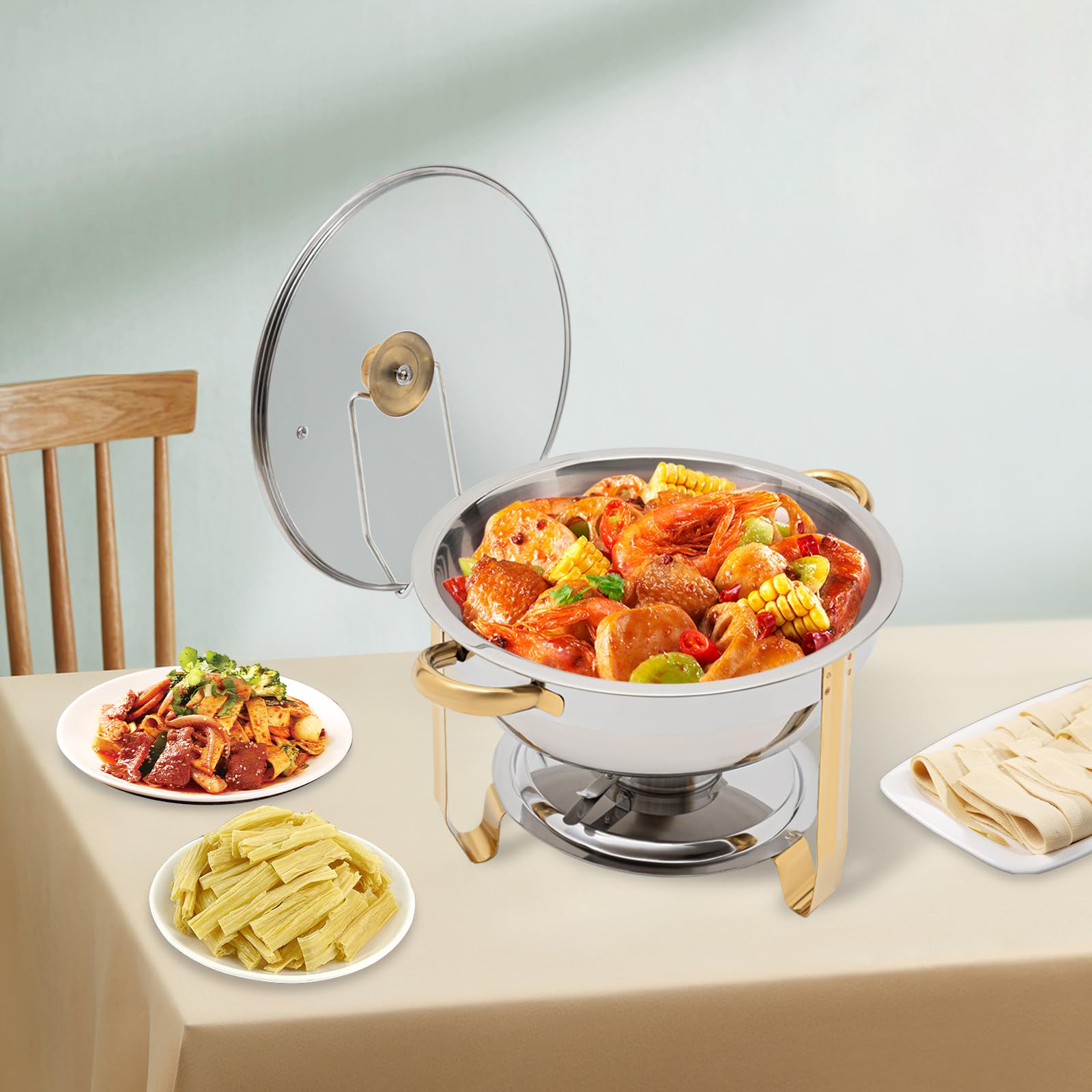 Chafing Dish Buffet Set, 5L Rund Warmhaltebehälter, Edelstahl Speisewärmer mit Lagerung der Deckel, für Familientreffen, Party (Gold)
