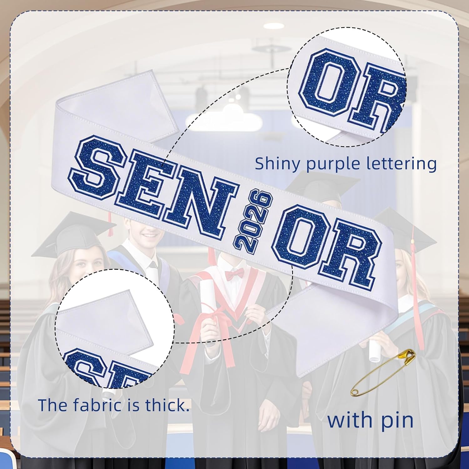 6 Pcs Senior Sashes Class of 2026, Class of 2026 Sash for Graduation Party, White and Blue Glitter Graduation Sash Senior Cheerleader, Graduations Decorations Favors