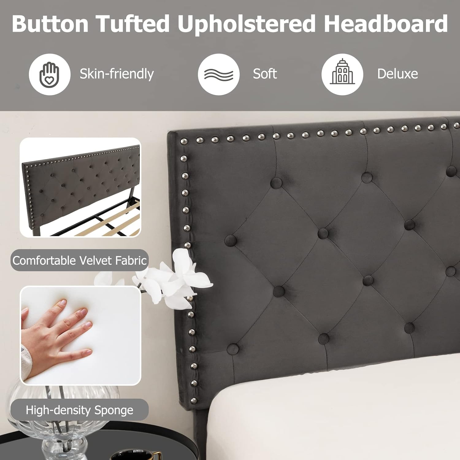 KOMFOTT Upholstered Bed Frame Queen Size, Platform Bed Frame with Tufted Headboard & Soft-Padded Footboard, Mute Slatted Mattress Foundation with Solid Plywood Slat Support, No Box Spring Needed