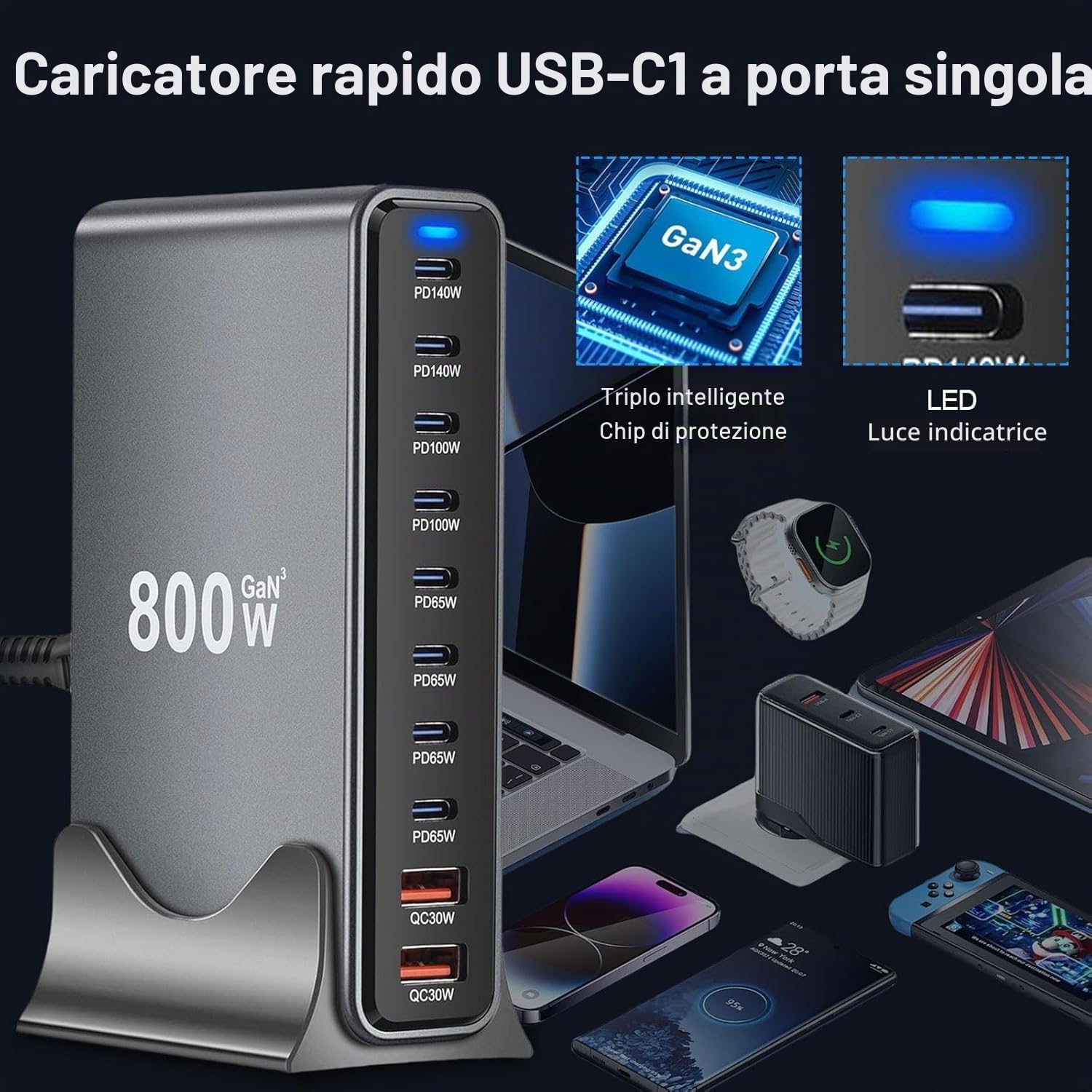 800W Caricatore USB Multiplo, 10 Porte (8 USB-C + 2 USB-A) con Ricarica Rapida, Con Cavo USB, Caricatore PD PPS 100W Alimentazione per MacBook, iPad Pro/Air etc