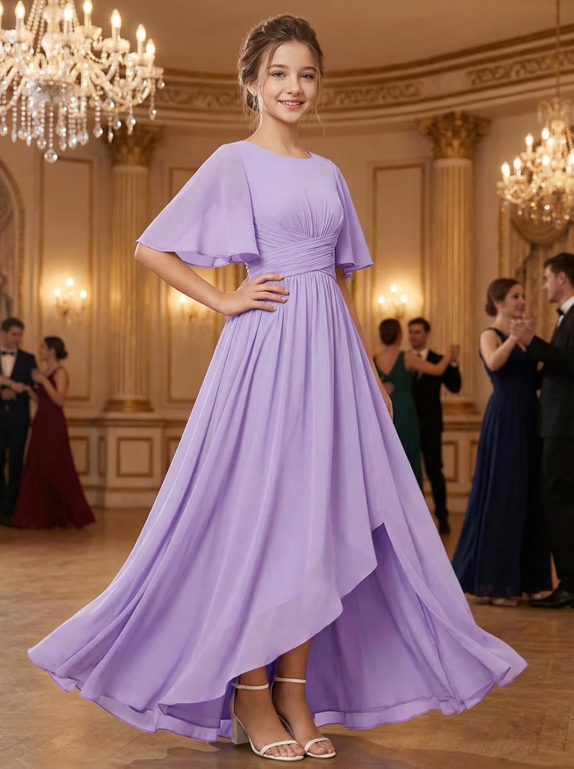 Rlweus Junior Bridesmaid Dresses for Wedding Chiffon Off-Shoulder Flower Girl Dress Teen Girls Formal Wedding Party Gowns
