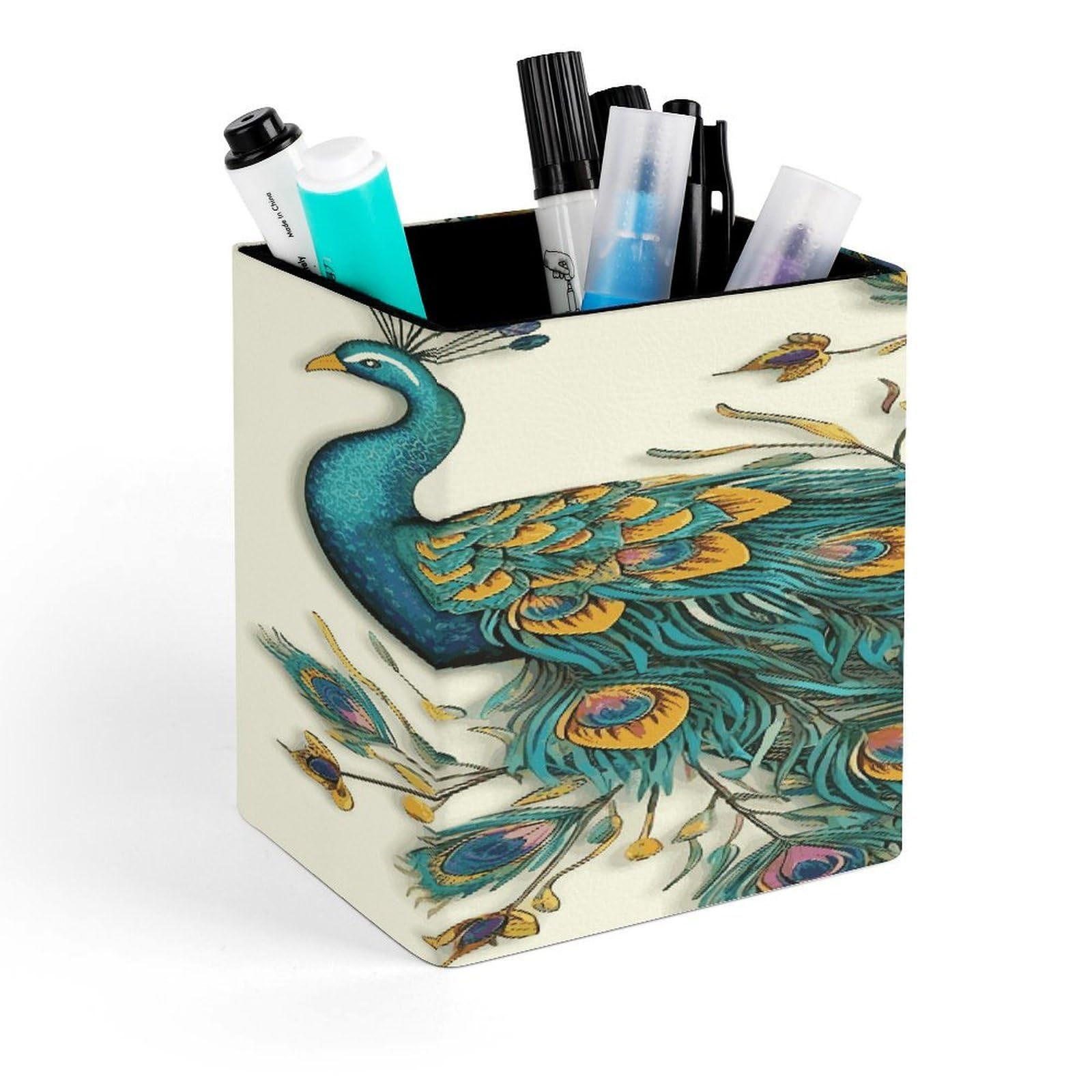 FekiLoot Peacock Pattern Pen Holder for Desk Minimalist Leather Pencil Holder Fashion Modern Pencil Cup Decorative Square Pen Cup Locker Organizer for Office Work Locker Accessories