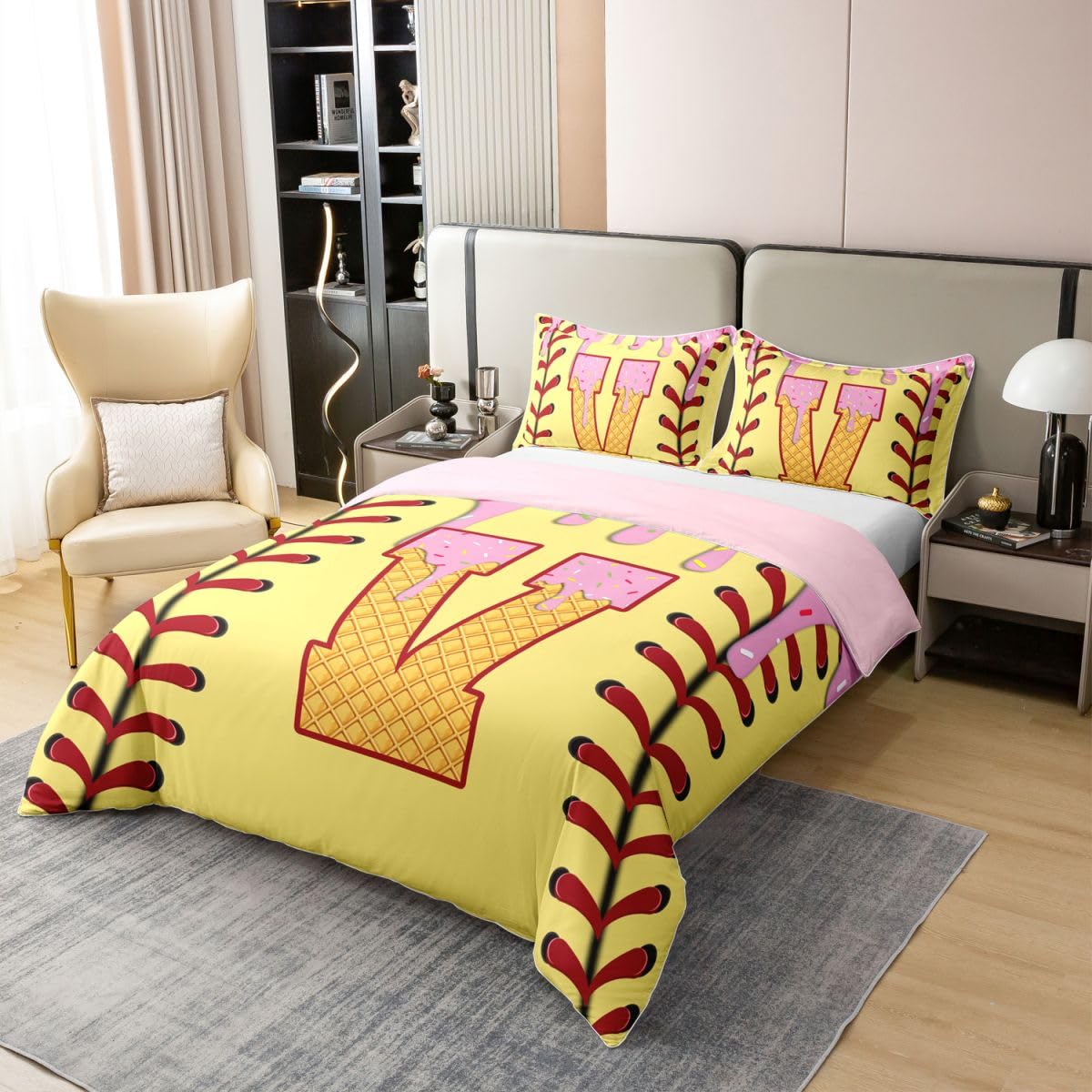 Homwish Lody Baseball poszewka na kołdrę podwójna żółta różowa litera V bawełna zestaw pościeli kreskówka piłka gry sport poszwa na kołdrę słodkie cukierki deser pościel wystrój pokoju zestawy łóżek