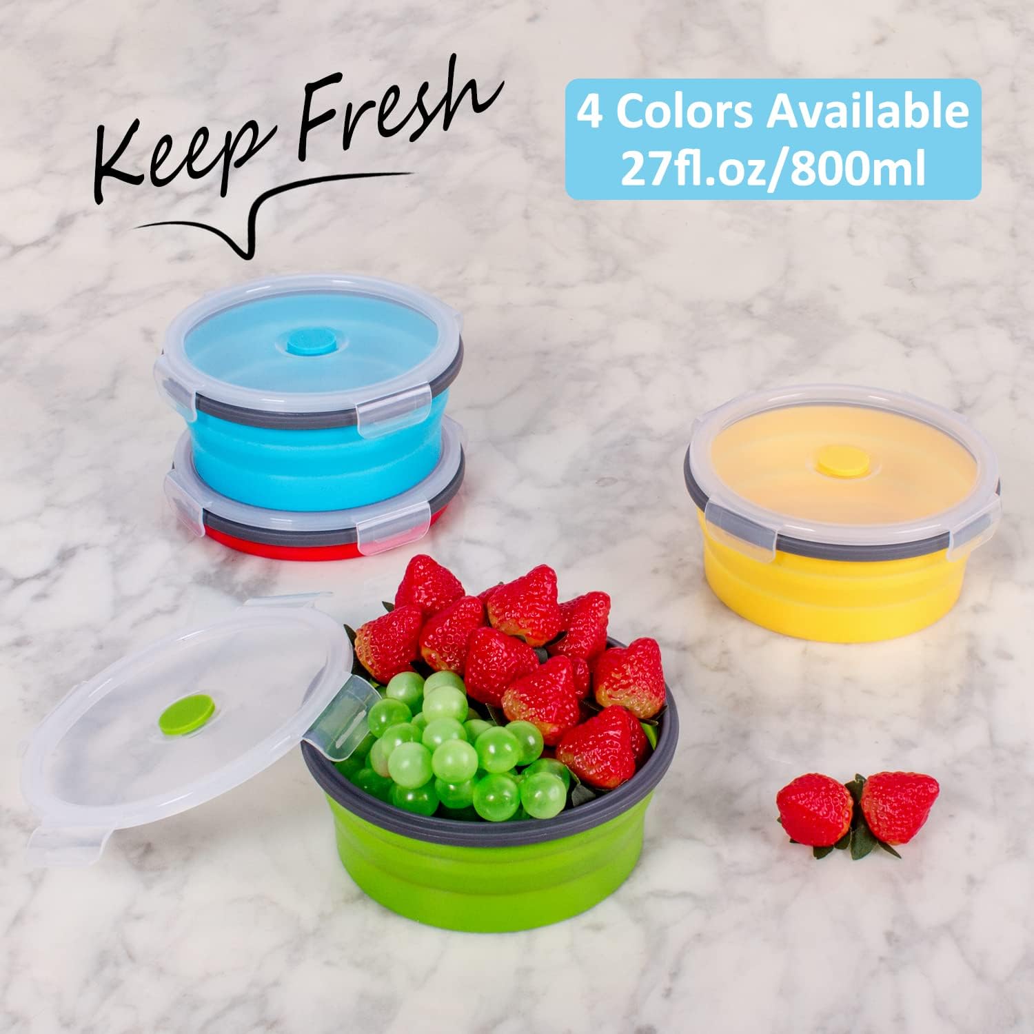 Collapsible Food Storage Containers with Lid, Bundle of 12 Pack, Kitchen Stacking Silicone Collapsible Meal Prep Container Set for Leftover, Microwave Freezer Dishwasher Safe, 4 Colors image 3