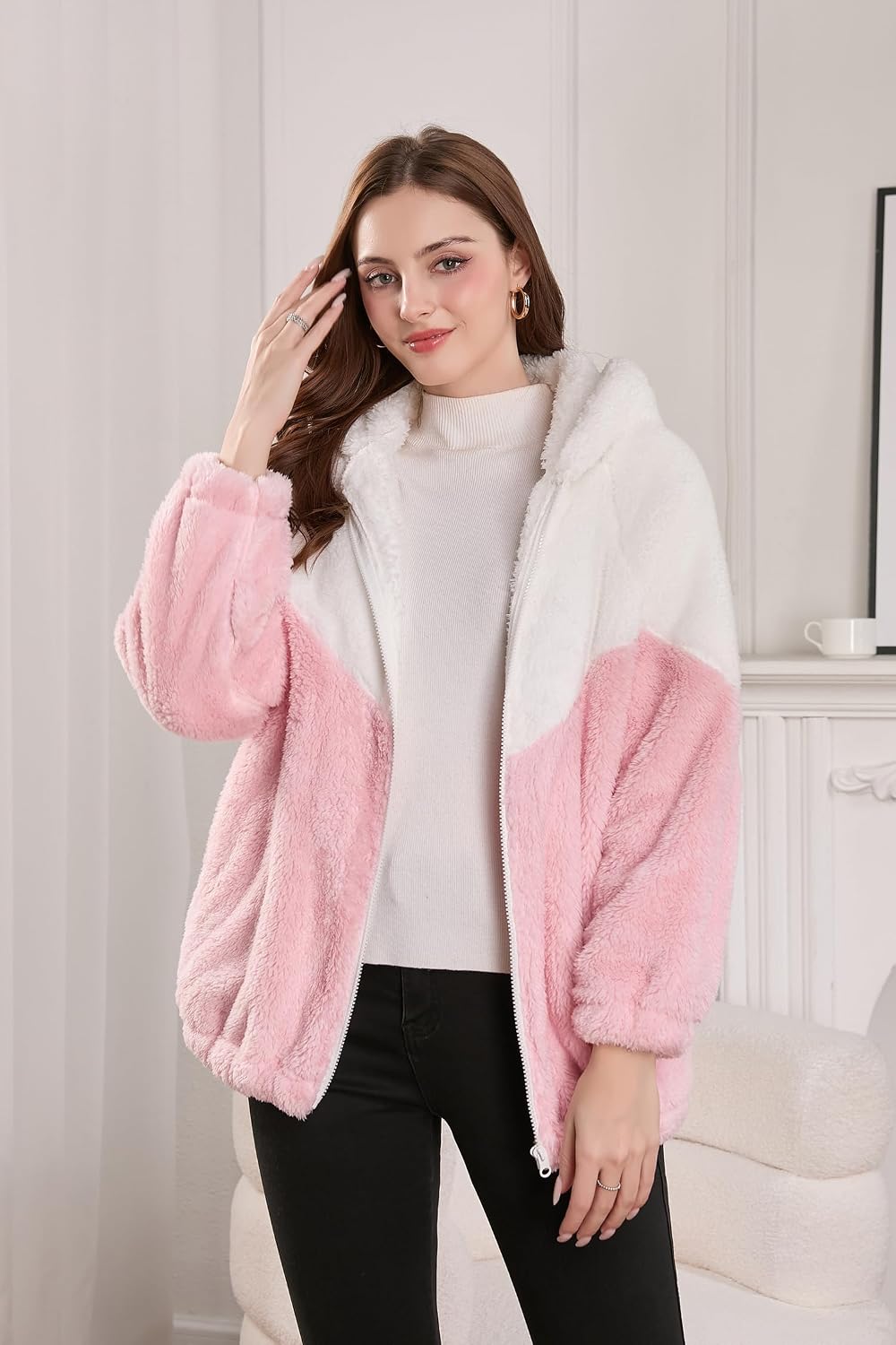 YMSHOPE Autumn/Winter Fleece-Lined Warm Jacket Unisex Patchwork Zipper Hoodie Soft Faux Fleece Casual Oversized Winter Wear