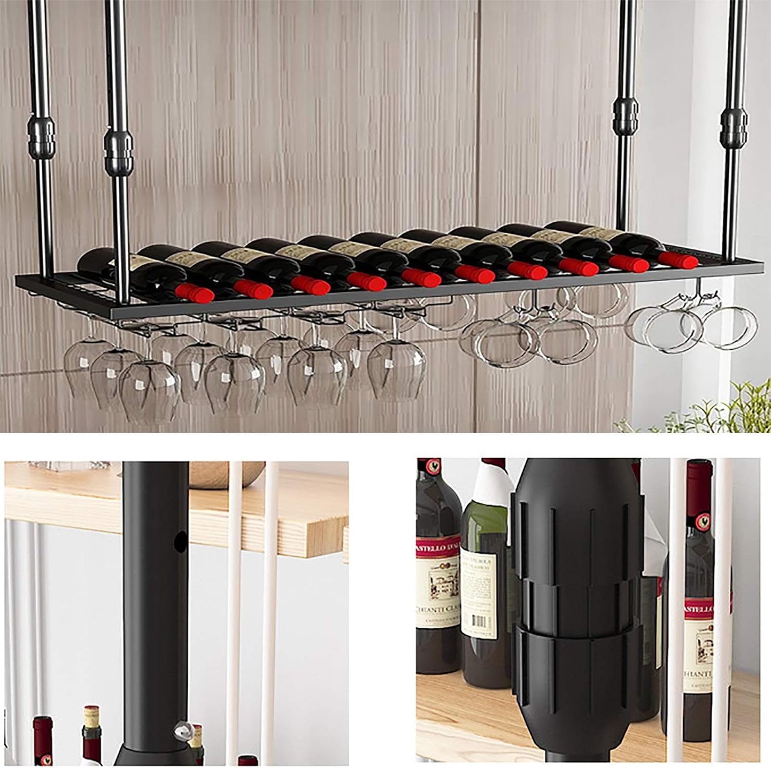Cup Storage Holder,Adjustable Metal Wine Rack, 30-60Cm Height, Hanging Wine Glass & Bottle Holder, Stylish Iron Wine Shelf with Cup Holders for Home Decor, Space-Saving W,100x30cm
