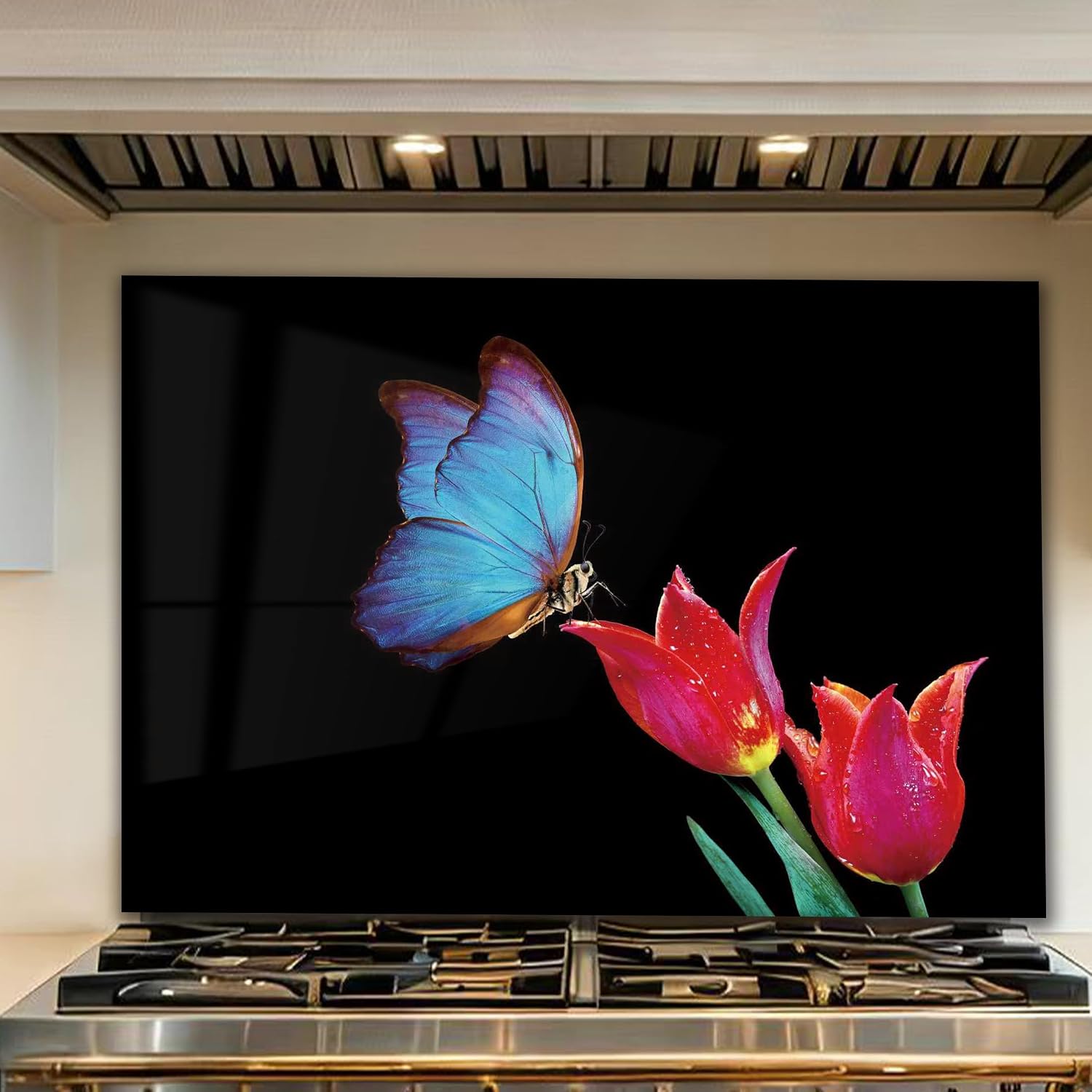 LMSDYSHU Tempered Glass Backsplash for Kitchen, Blue butterfly, Frameless, Stove Backsplash Protector for Wall,Easy to Clean, Home Decor (30"x24")
