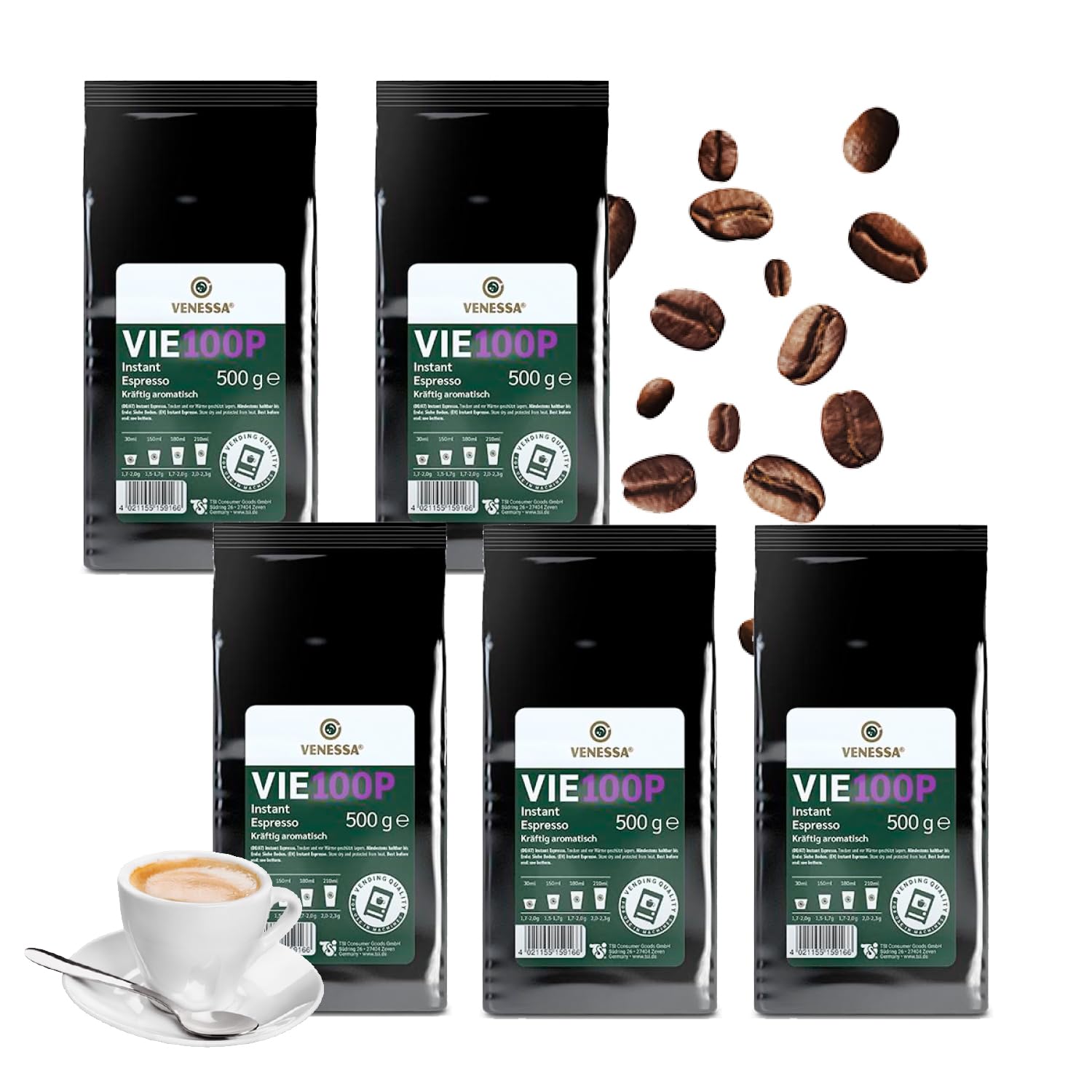VENESSA VIE 100P Premium Instant Espresso 5 x 500 g do ekspresów automatycznych, delikatnie palona kawa rozpuszczalna w proszku, silnie aromatyczna rozpuszczalna, wysoka wydajność, idealne do biura,