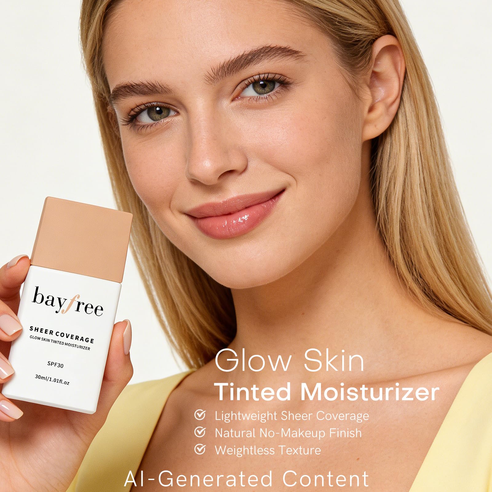 bayfree Glow Skin Tinted Moisturizer, Skin Tint Hydratante Teintée Légère Longue Tenue, Fini Transparent et Aérien, Alliant Maquillage et Soins de la Peau, Naturel et Modulable