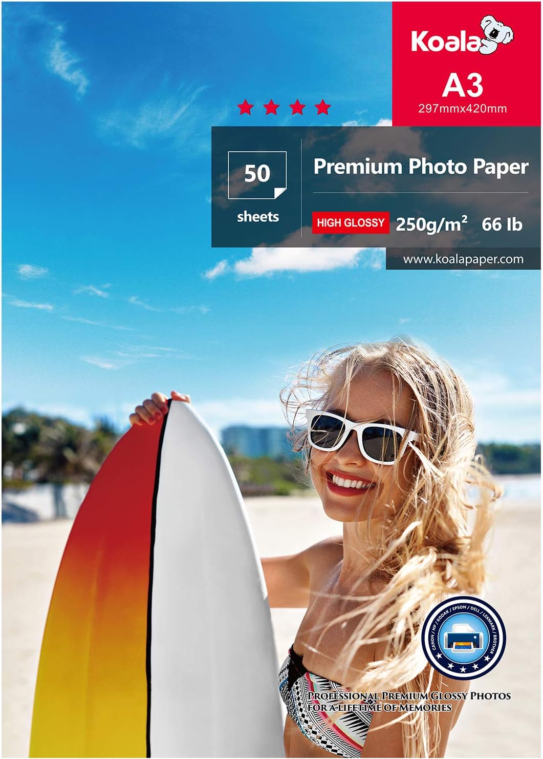 KOALA Glossy Photo Paper A3 Size 297x420mm 250gsm 50 Sheets with Premium High Glossy Advanced Resin Coated for Canon Hp Epson Inkjet Printer