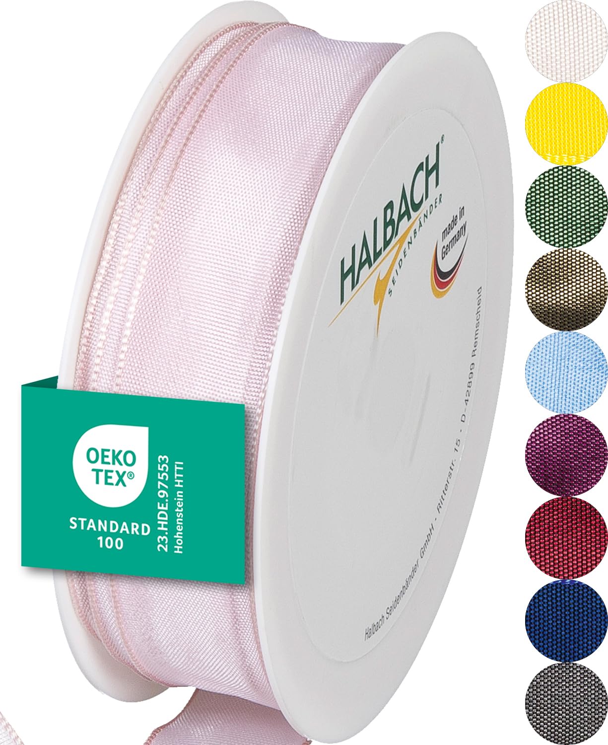 Halbach Seidenbänder Premium Geschenkband mit Drahtkante | Breite 25mm Länge 25m | Öko-Tex 100 zertifiziertes Schleifenband | Taftband Made in Germany, Farbe: blassrosa