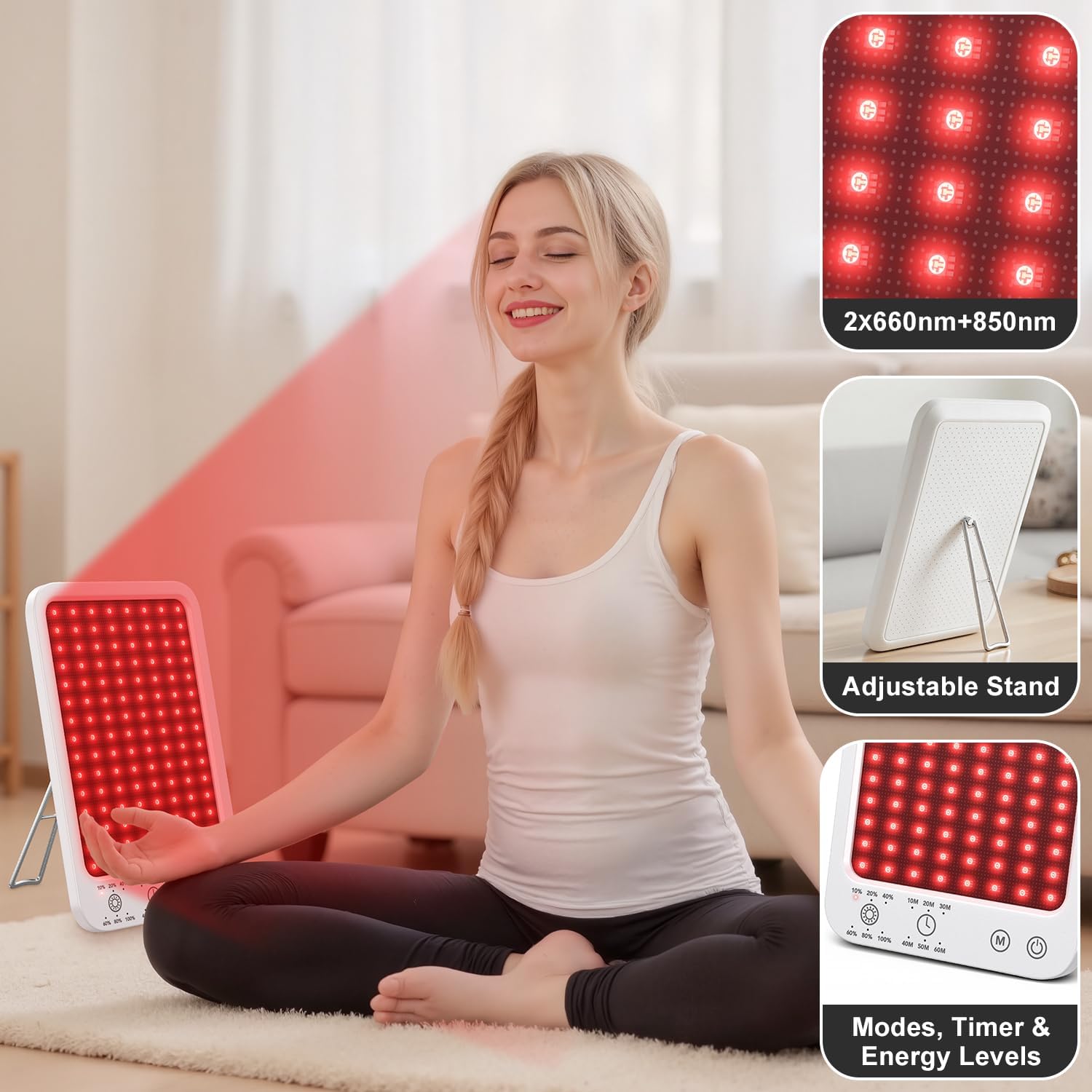 Red Light Therapy for Face and Body, Dual 660nm & 850nm Near Infrared Red Light Therapy Panel with Adjustable Stand and Timer, 3 Modes and 6 Brightness Levels,Ideal Gift for Family & Friends (white)