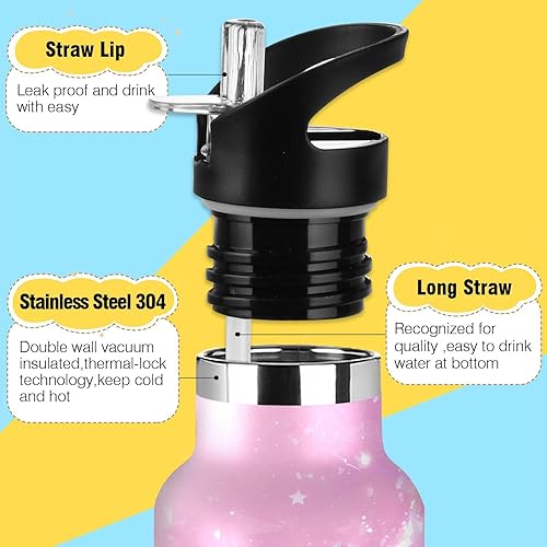 Miniatura 3 de Glittering Stars Baby Peach - Botella de agua para niños a prueba de fugas y sin BPA con popote aislado al vacío para gimnasio y deportes
