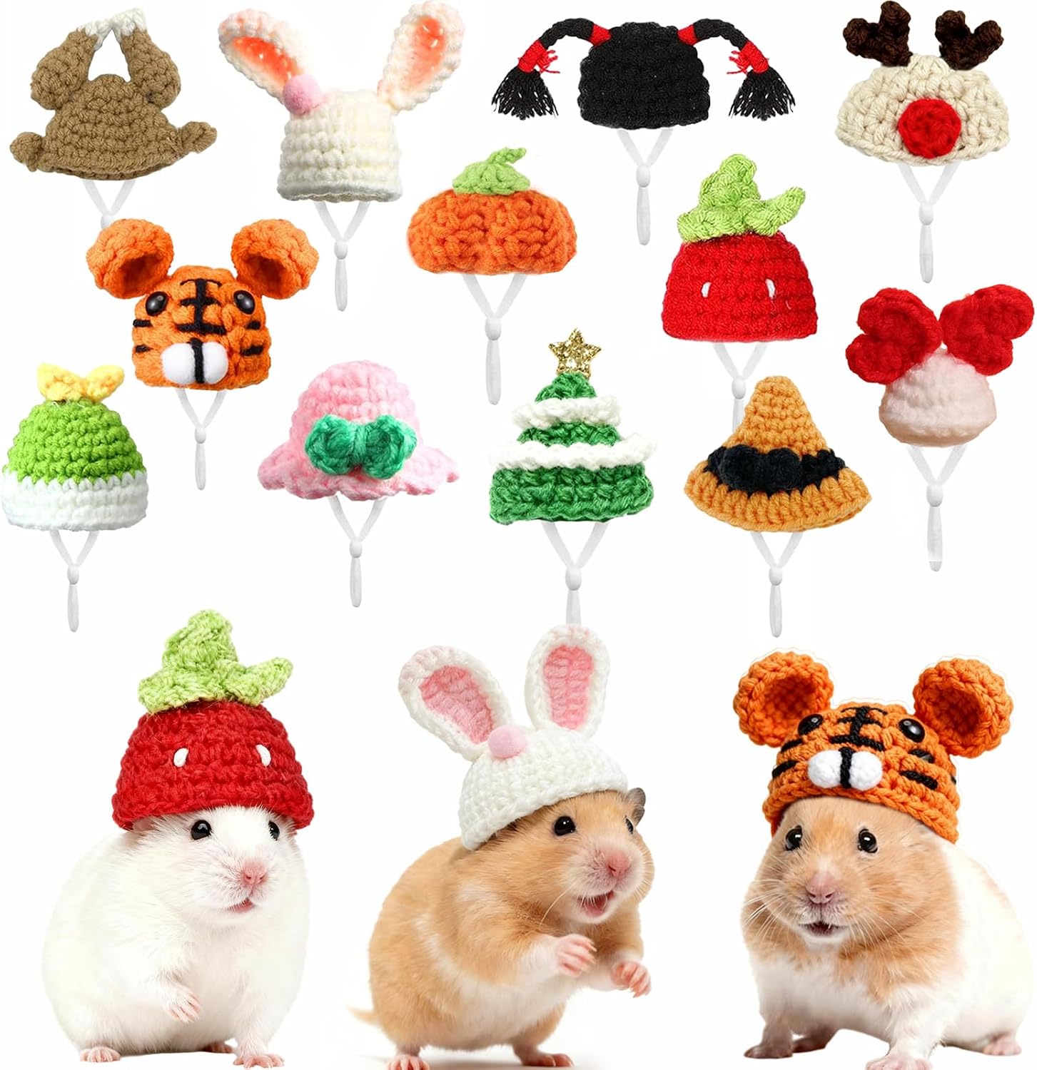 12 Pcs Hamster Hats Mini Party Hats for Small Animals, Cute Hand Knitted Tiny Hats for Snakes Lizards Bearded Dragon Guinea Pig Bunny Reptile Small Pets Clothes Party Costume Accessories