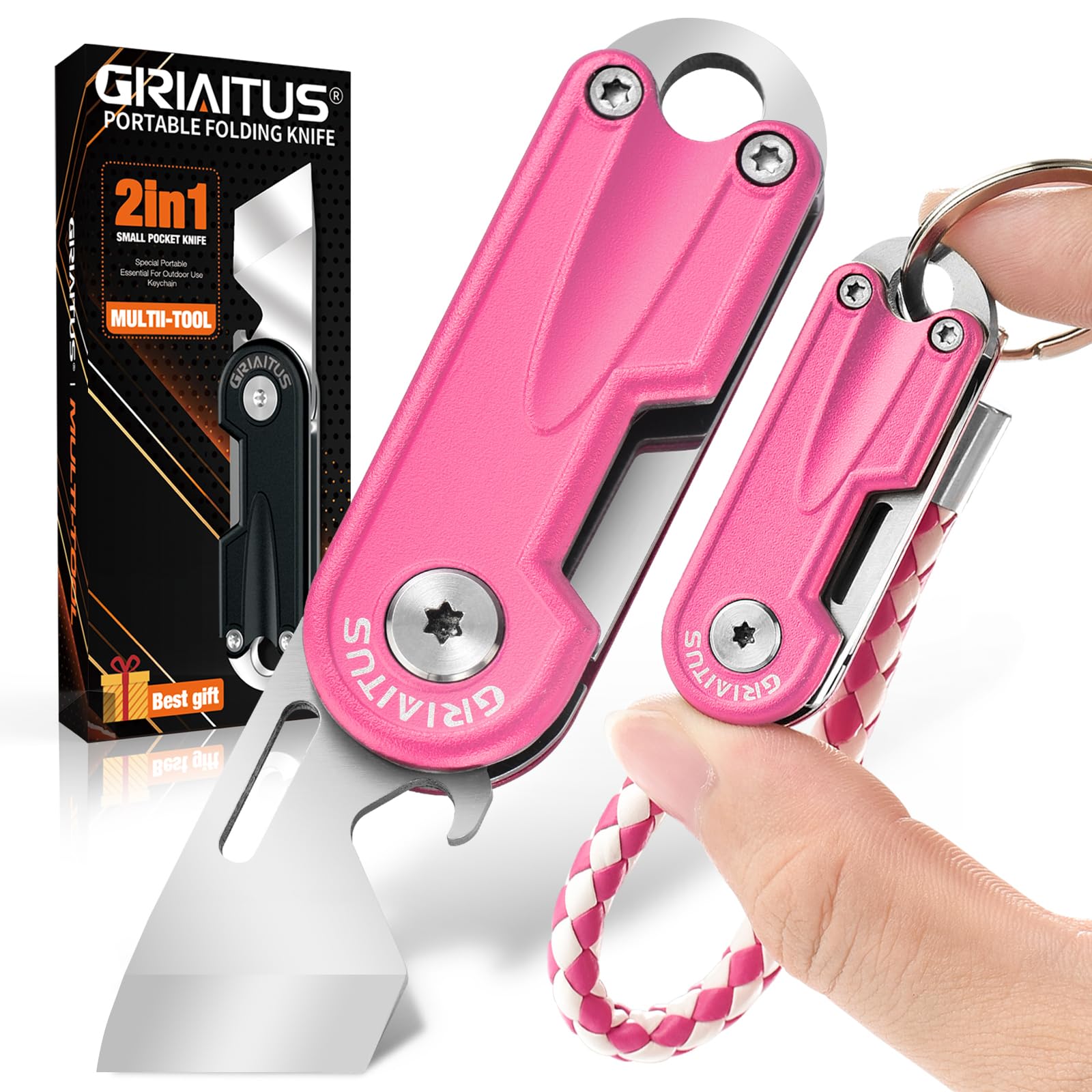 Multitool Pocket Knife, Small EDC Folding Pocket Utility Knives Bottle Opener with Rail Lock Multi Mini Box Cutter, Pocket Keychain Gifts for Women Everyday Carry (pink)