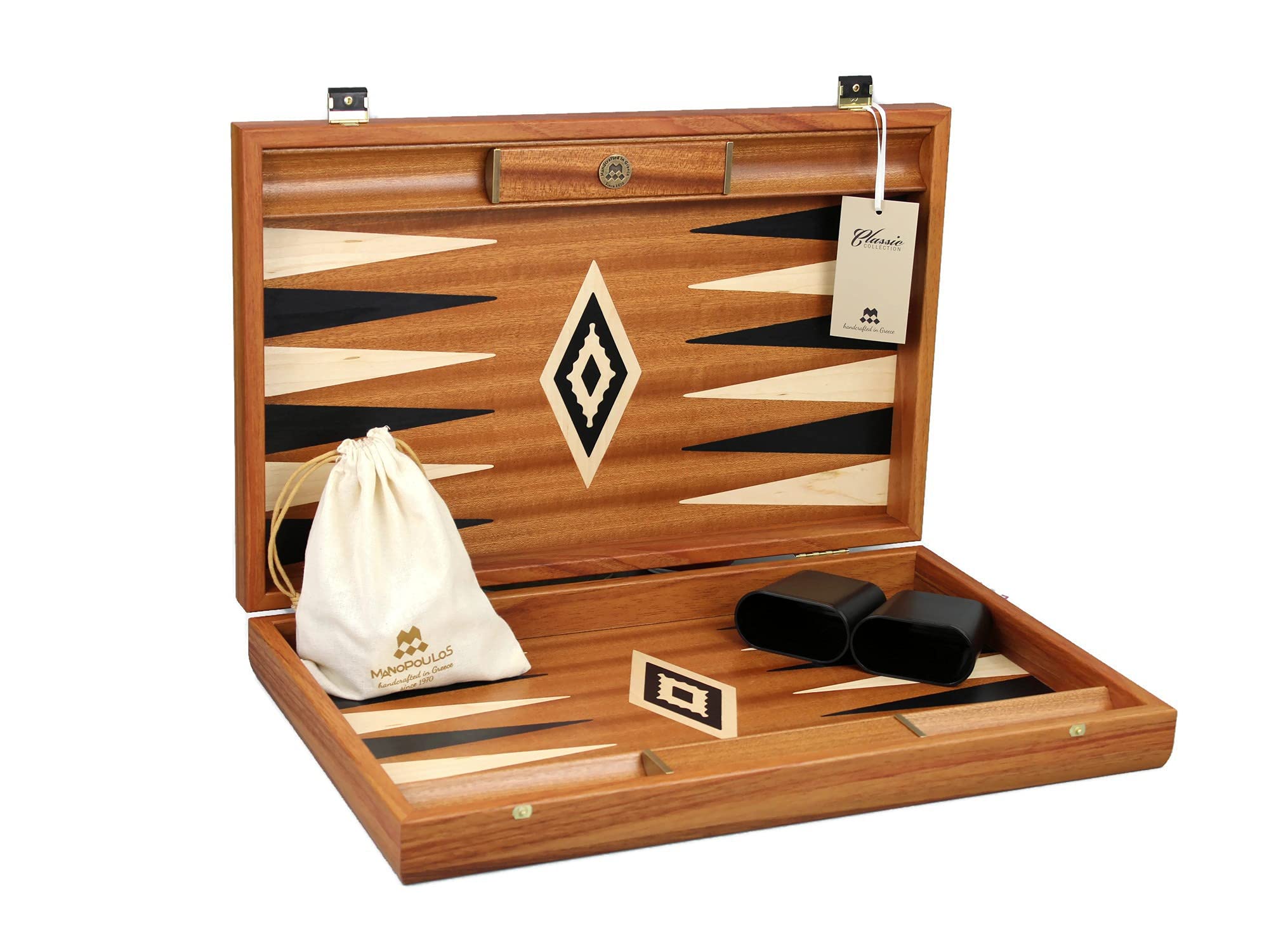 Tablero De Backgammon Manopoulos De Wengué Y Roble – 23 Pulgadas, Hecho A Mano En Grecia, Con Estantes De Almacenamiento, Fichas Efecto Mármol Y Dados