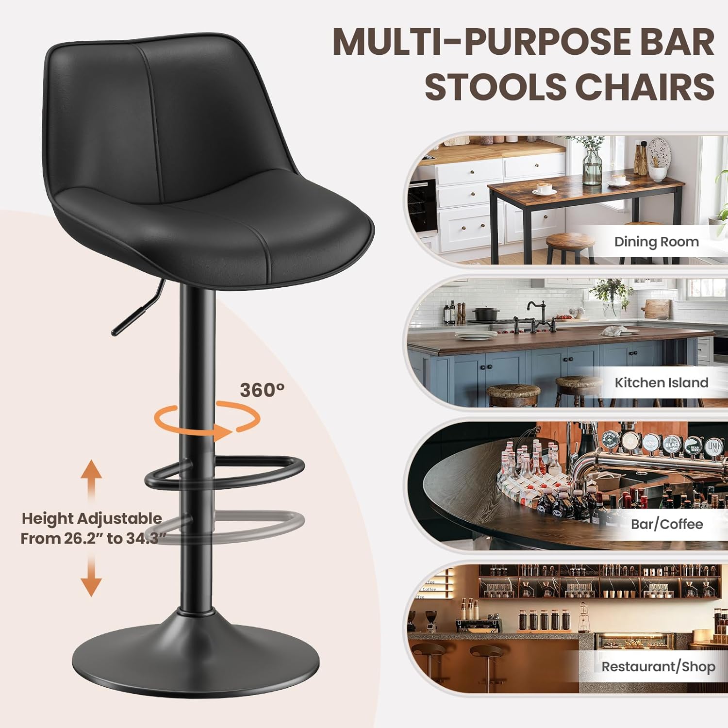 Bar Stools Set of 4, Swivel Bar Chairs, Modern Adjustable PU Leather Upholstered Barstools Counter Height with Curved Back for Bar, Kitchen Counter Island, Dining Room, Black