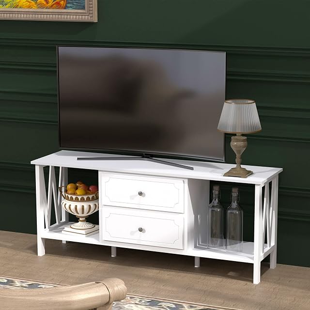 Mepplzian Flat Screen TV Stand for 40 50 65 inch TV, Entertainment Center with Storage Shelves, Media Console Bookshelf, Coffee Table with Wood Frame for Living Room, White