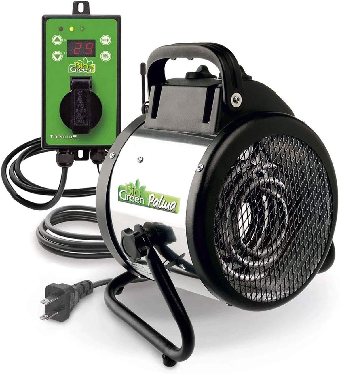 BioGreen Electric Greenhouse Heater & Fan with Digital Thermostat PALMA | 1500 Watts, 5100 BTU/hr | 5800 ft³/h Air Circulation -58 to 210.2°F | Stainless Steel | Spraywater Proof