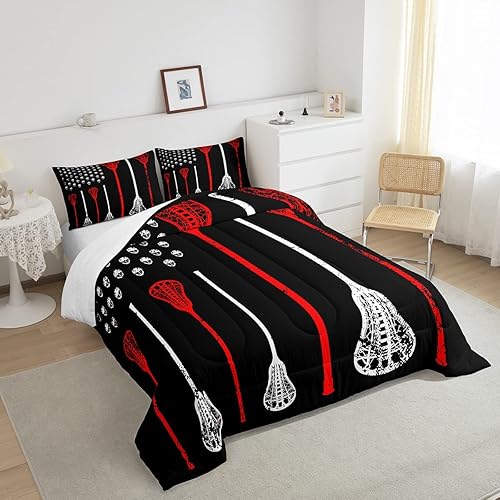 Miniatura 4 de Lacrosse - Juego de edredón de jugador de lacrosse negro, rojo y blanco, juego de ropa de cama de jugador de lacrosse para niños y niñas, cálido,