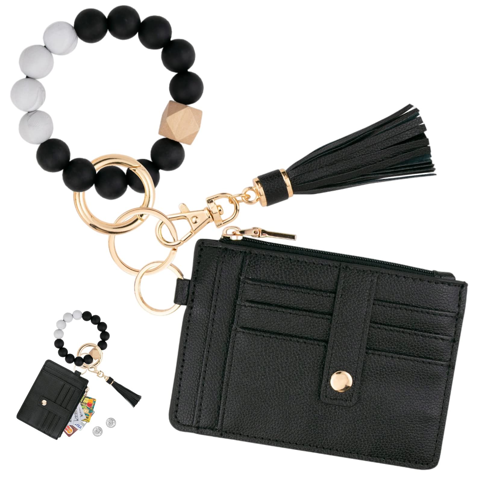 KNGITRYI Wallet Keychain Wristlet for Women,Slim RFID Credit Card Holder Purse Tassel Keychain Bangle Key Ring for Men Women