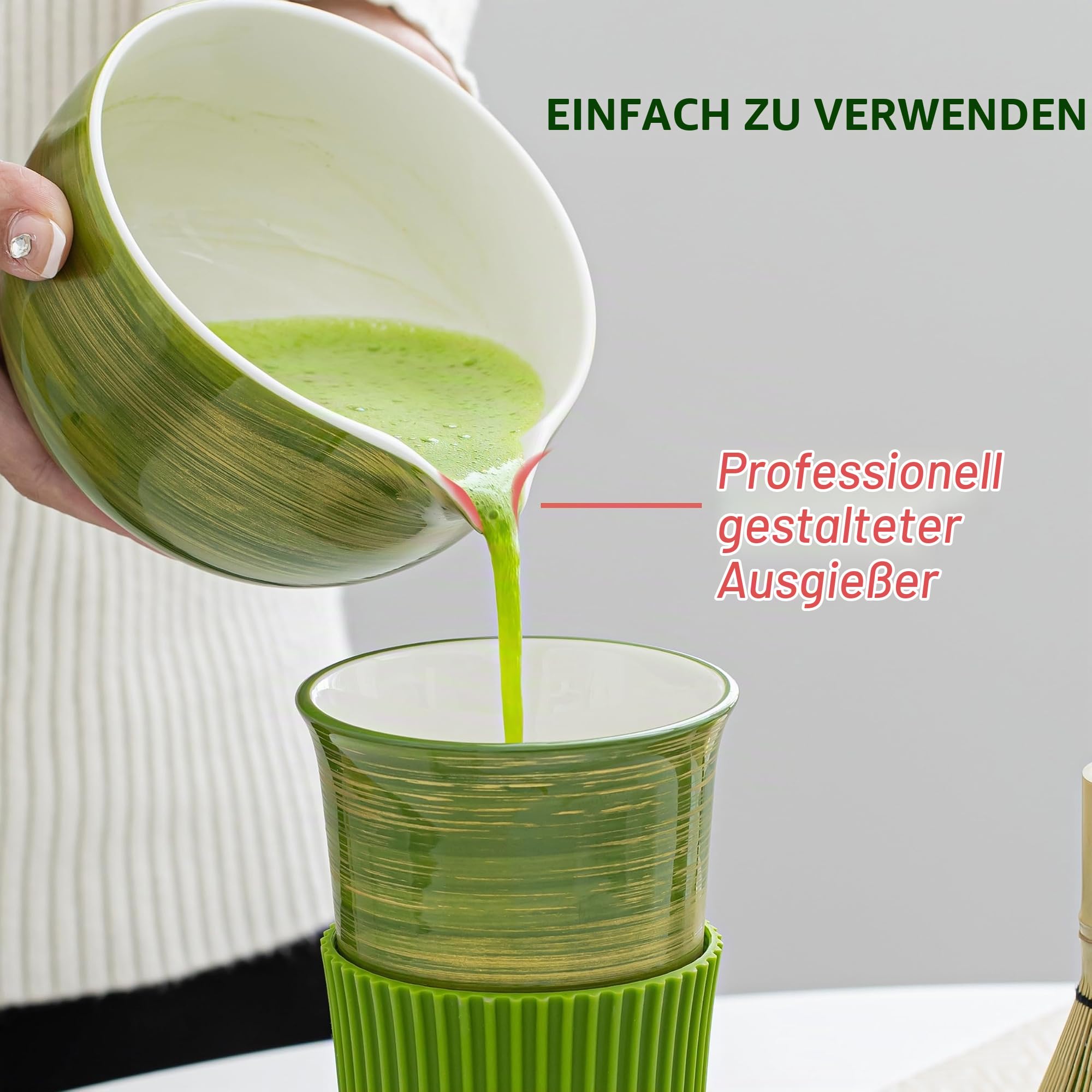 7 Stück Grüner Matcha Set, Matcha Besen,Matcha Set für Zeremonie,480 Ml/16.2 Oz Keramik Schale(chawan) mit Ausguss,Bambus Schneebesen und Halter,Tradition Matcha Tee Set