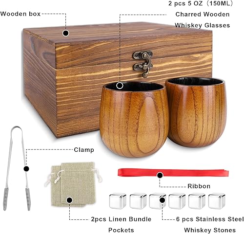 Miniatura 8 de Juego de 2 vasos de whisky de madera carbonizada, vasos de bourbon de madera hechos a mano, regalos de whisky para hombres, papá, hermano, vasos