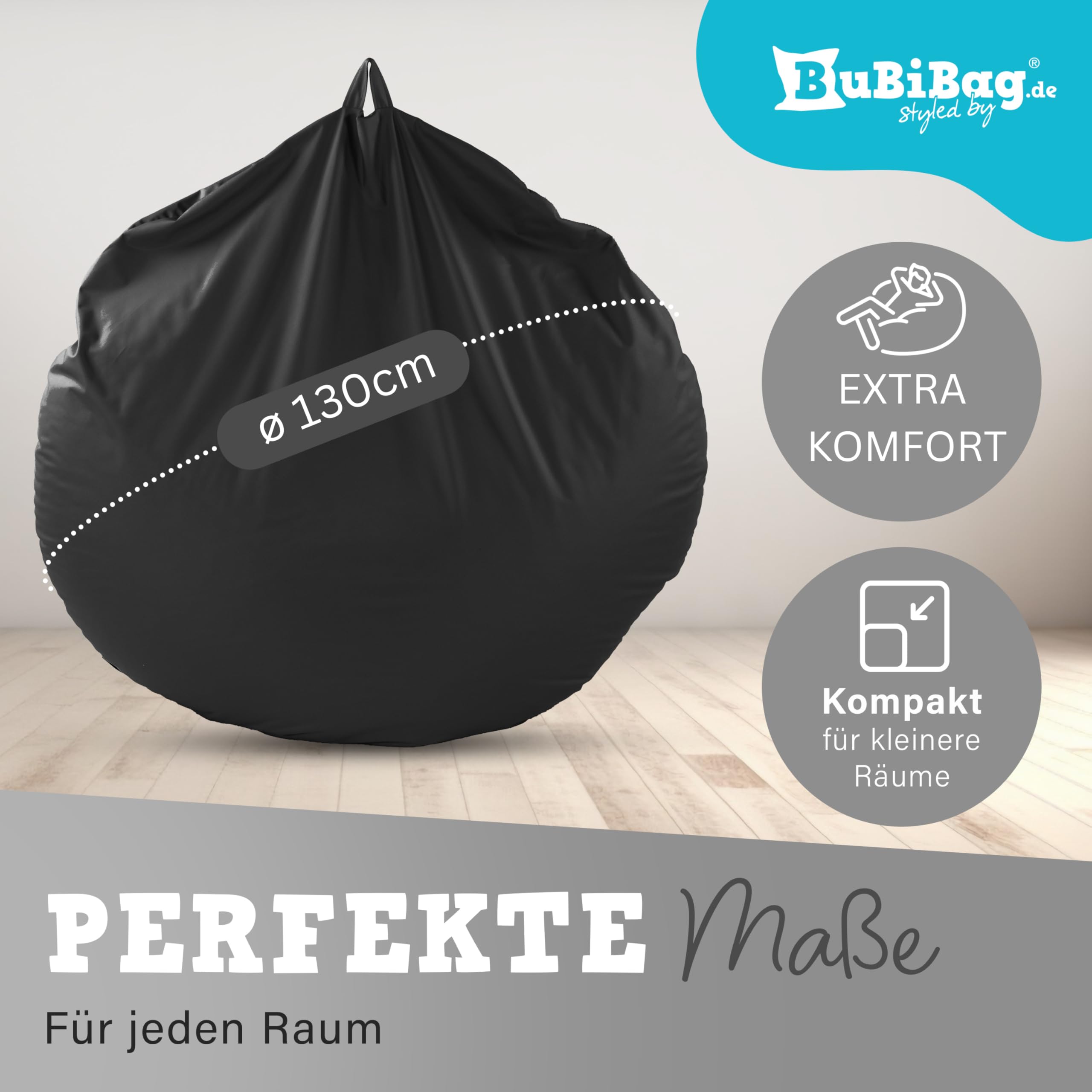 BuBiBag 2in1 Sitzsack L - XXL mit Füllung für Kinder & Erwachsene, Gaming Beanbag & Bodenkissen für Indoor & Outdoor Sessel Pflegeleicht & Wasserabweisend XL UNIVERSELL (Ø 130 cm Anthrazit)