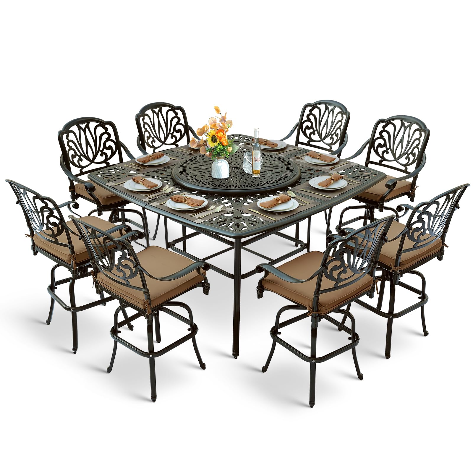 MEETWARM 10-Piece Outdoor Bar Set, All Weather Cast Aluminum Patio Bar Furniture with 8 Cushioned Swivel Bar Stools, Large 64" Square Patio Bar Height