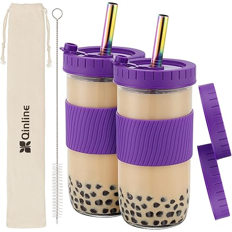 Best Boba Water Bottle - Reusable Glass Mason Jar With Lids And Straws